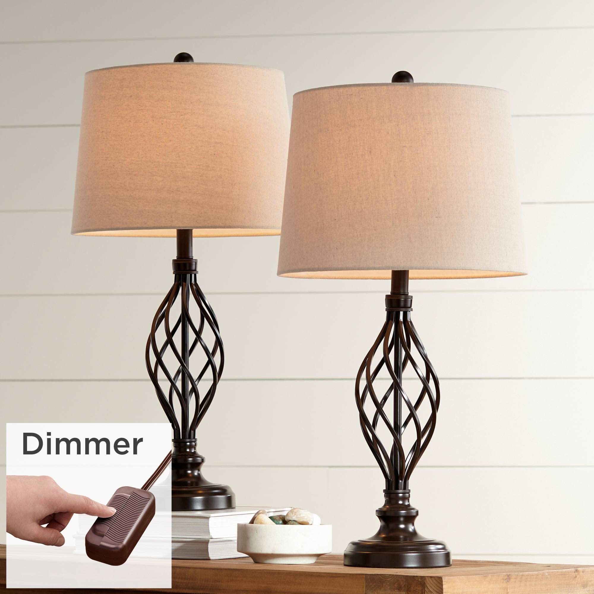 Modern Industrial Table Lamps 28" Tall Set of 2 with Dimmers Bronze Iron Cream Tapered Drum Shade for Bedroom Living Room House Home Bedside Nightstand Office Entryway