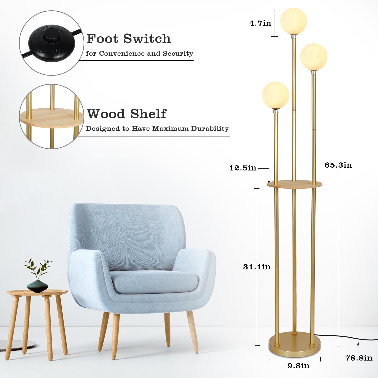 Gold Floor Lamp with Shelves, Modern Floor Lamps for Living Room with 3 G9 Bulbs, Mid Century Standing Lamp with 3D Printing Moon shades, Corner Tall Lamp with Table, Stand up Lamp for Bedroom Office