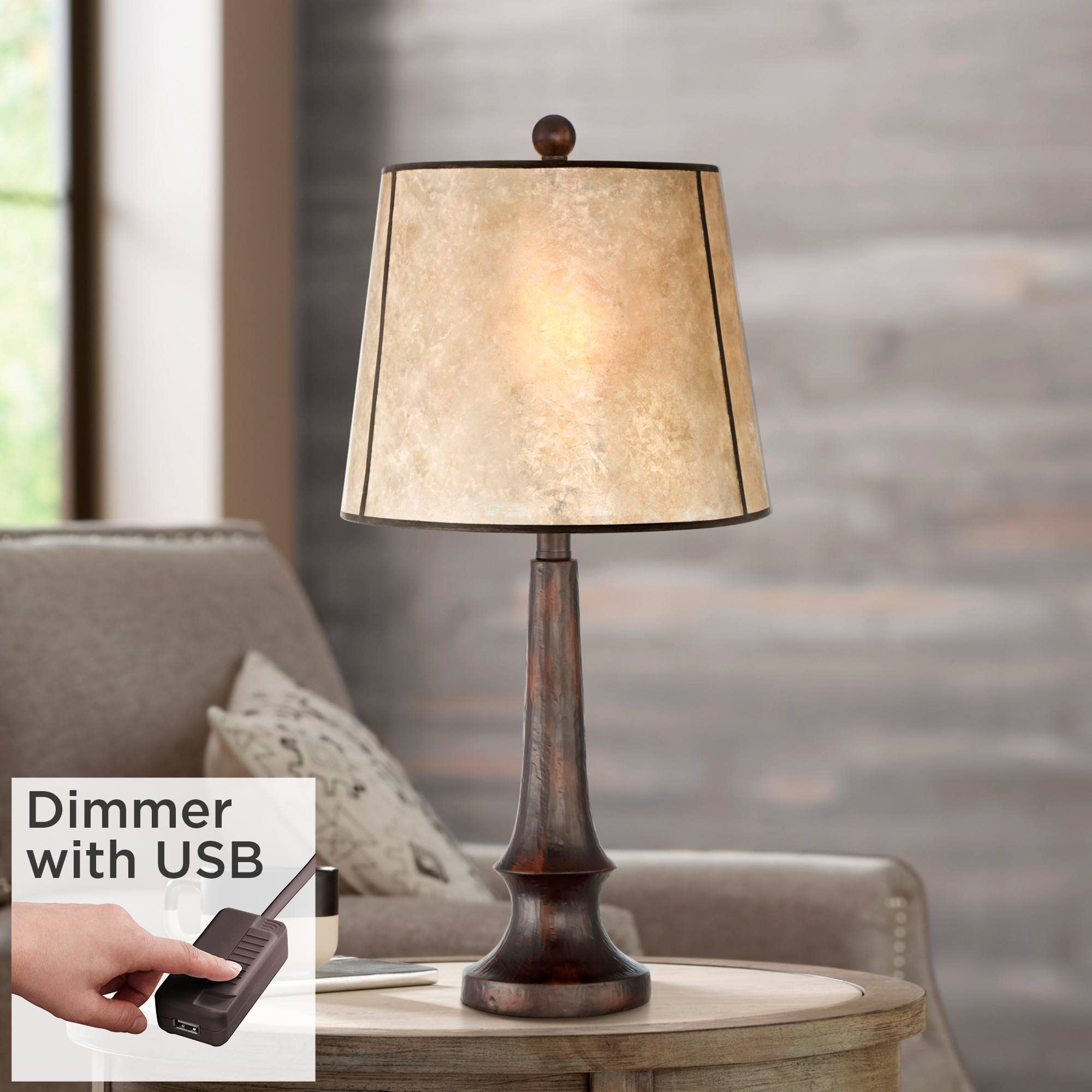 Industrial Rustic Farmhouse Table Lamp 25" High Aged Bronze Brown Beige Mica Tapered Drum Shade Decor for Bedroom Living Room House Home Bedside Nightstand Office Family