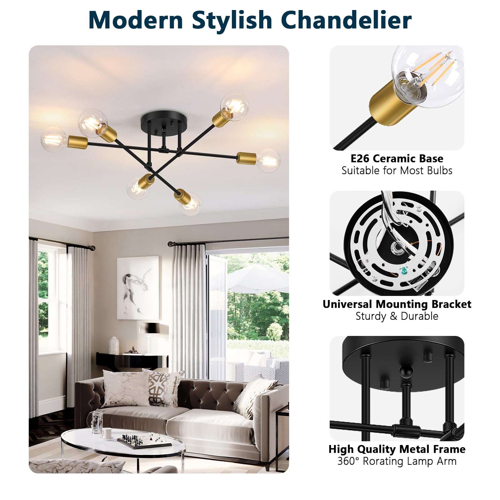 6-Lights Semi Flush Mount Ceiling Light, Mid-Century Modern Black and Gold Sputnik Ceiling Lighting, Industrial Kitchen Light Fixtures Ceiling Mount for Dining Room Hallway Living Room