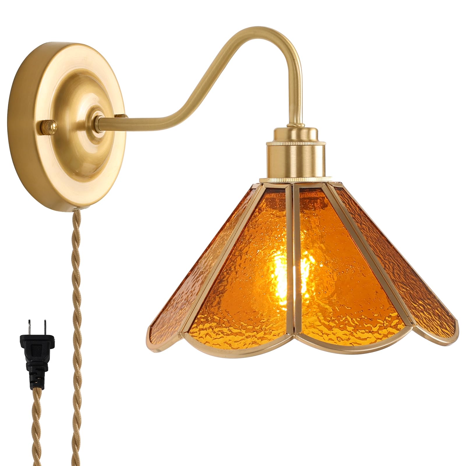 Wall Sconce, Wall Mounted Lamps with Green Checker Sconce, Stained Glass Shade Brass Wall Lights Fixture with Plug in Cord and Switch for Bedroom Bathroom Living Room Hallway