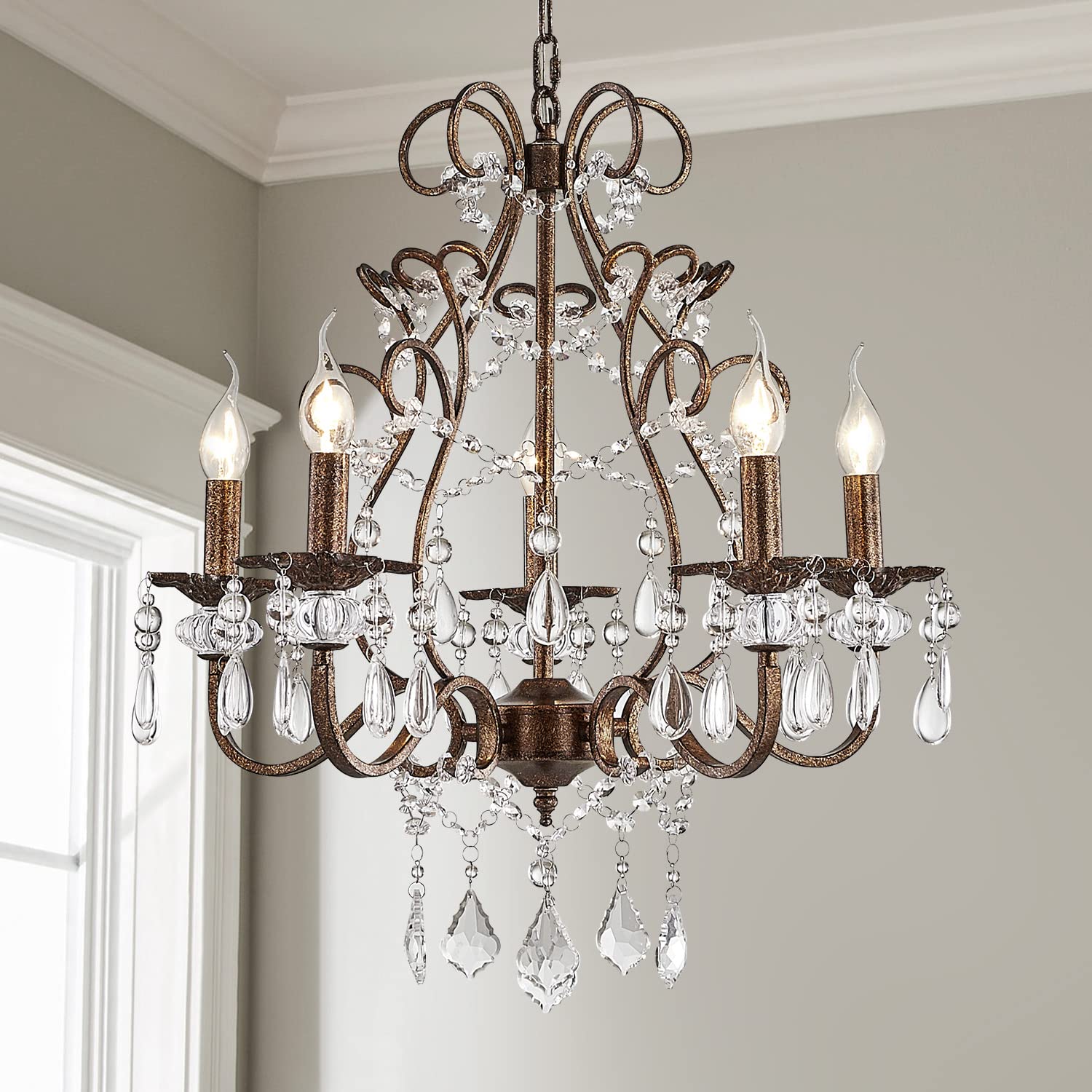 5-Lights Crystal Chandelier in Farmhouse Chandelier Style,K9 Crystal Pendant Light Rustic Chandelier for Bedroom,Dining Room,Living Room,H24 x D23,Chain Adjustable