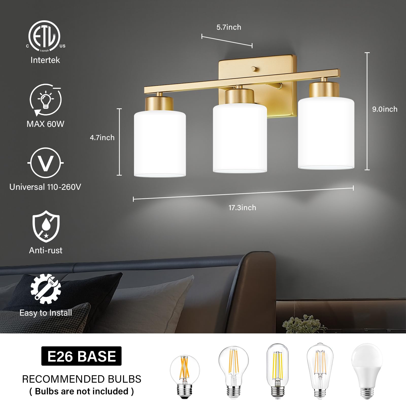 Brushed Nickel Bathroom Light Fixtures, 3-Light Modern Vanity Light Over Mirror, Wall Sconces with Milky White Frosted Glass Shades, E26 Socket (Bulbs Not Included)