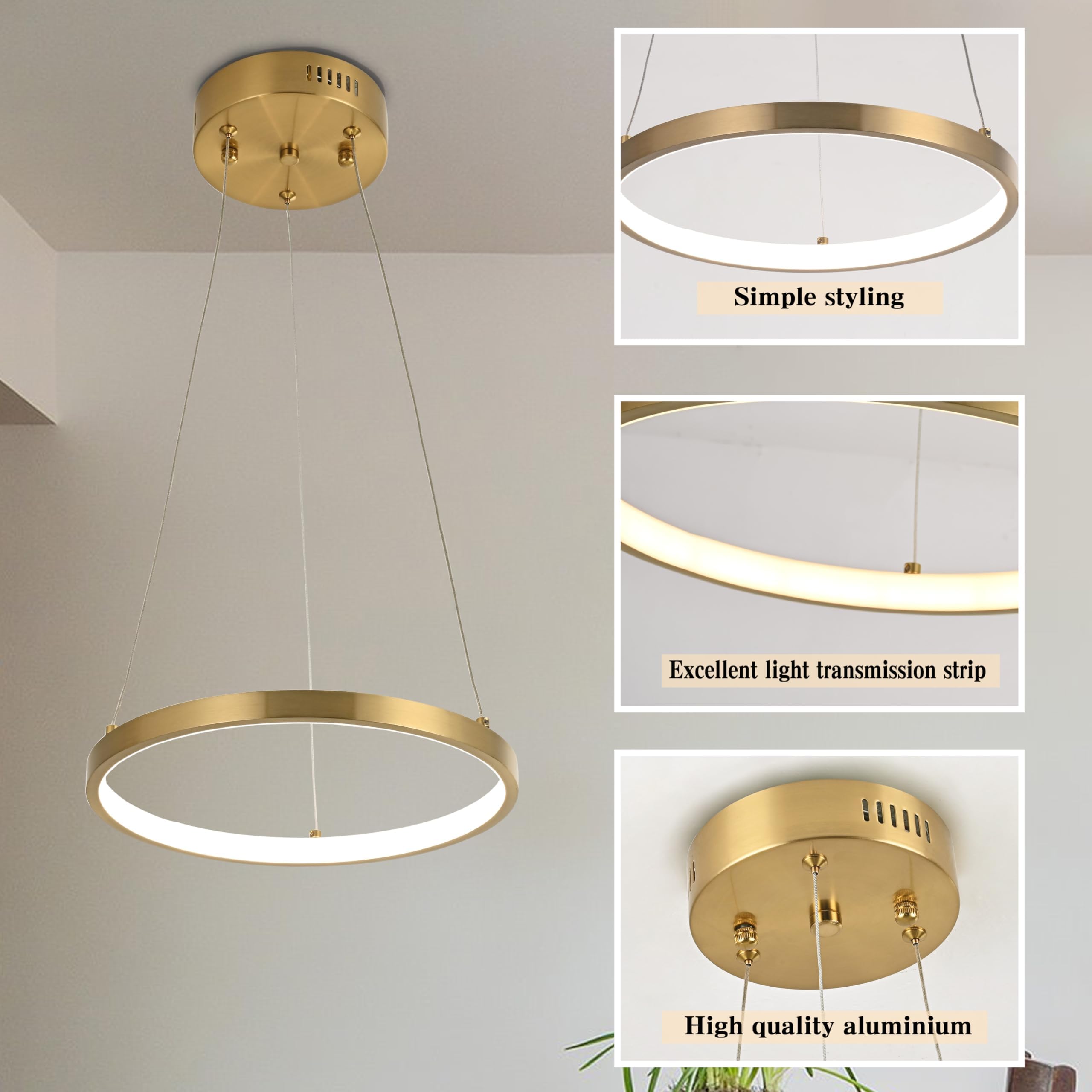 Modern LED Chandelier Contemporary Pendant Lighting Ring Light Fixture Gold with 4000K and 59in Height Adjustable Hanging Lamp for Kitchen Island Hallway Foyer Closet Corridor