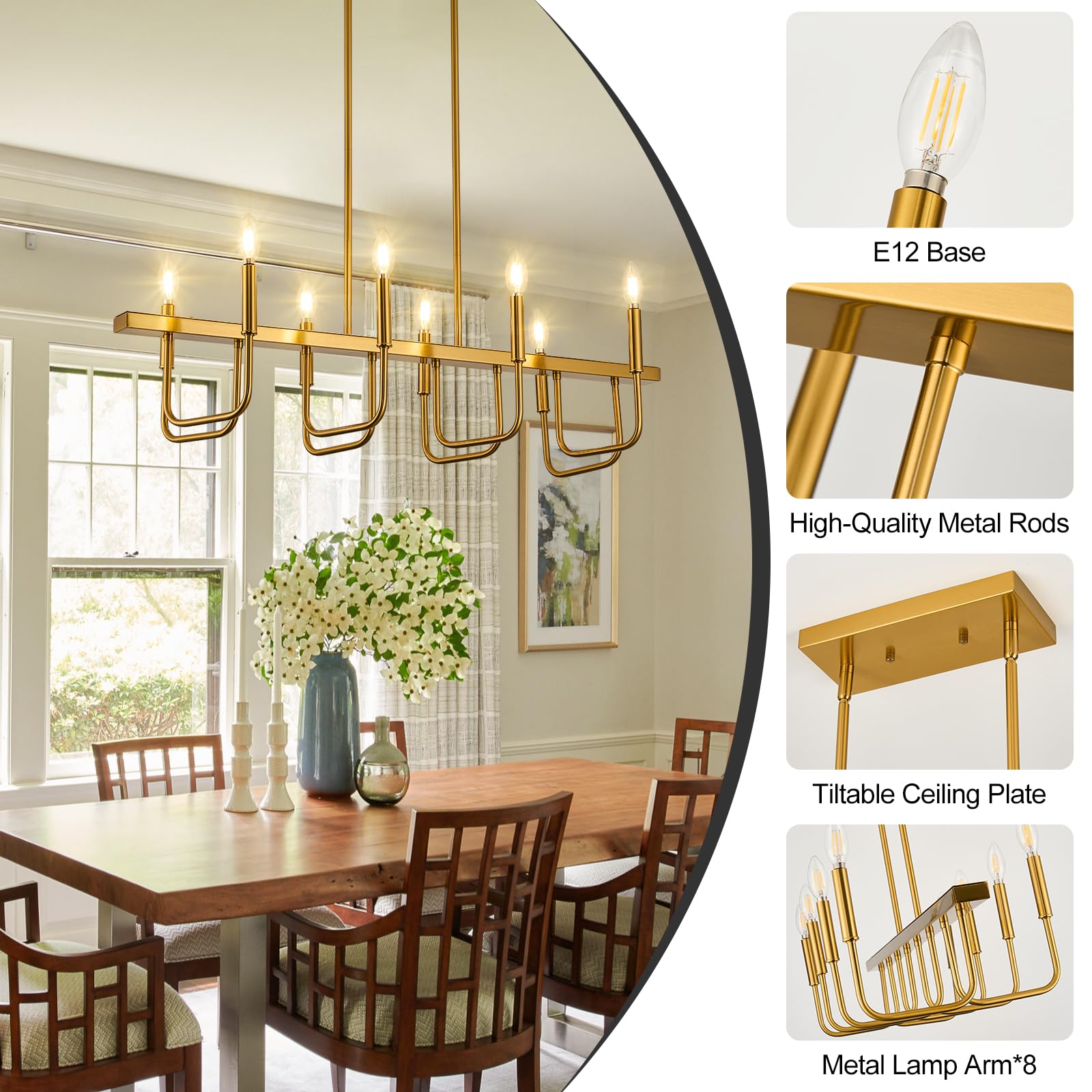 Rectangular Dining Room Light Fixtures Over Table, Linear Chandeliers for Dining Room, 8 Light Brushed Gold Chandelier Modern, Island Lights for Kitchen