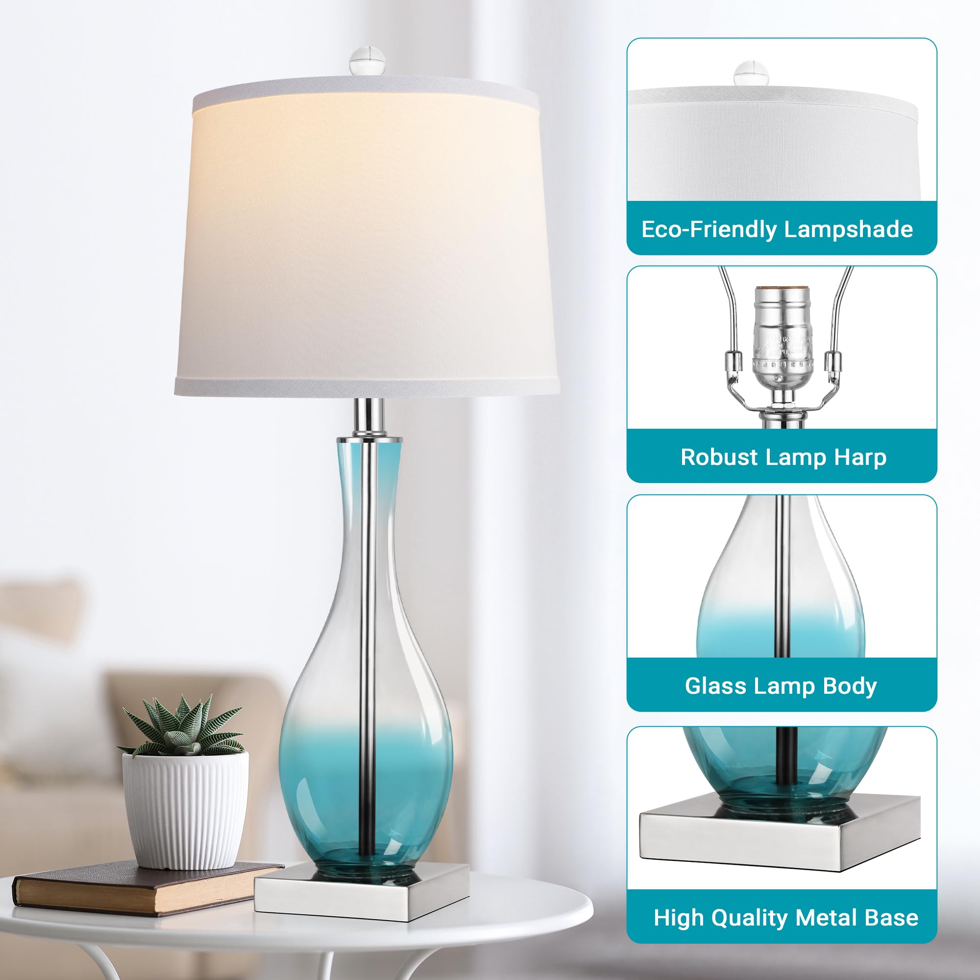 Table Lamps Set of 2 with Touch Control, 3-Way Dimmable Modern Glass table lamp for Living Room with USB C and A Charging Ports， 27" Bedside Desk Lamps for Nightstand Decorations(LED Bulbs Included)