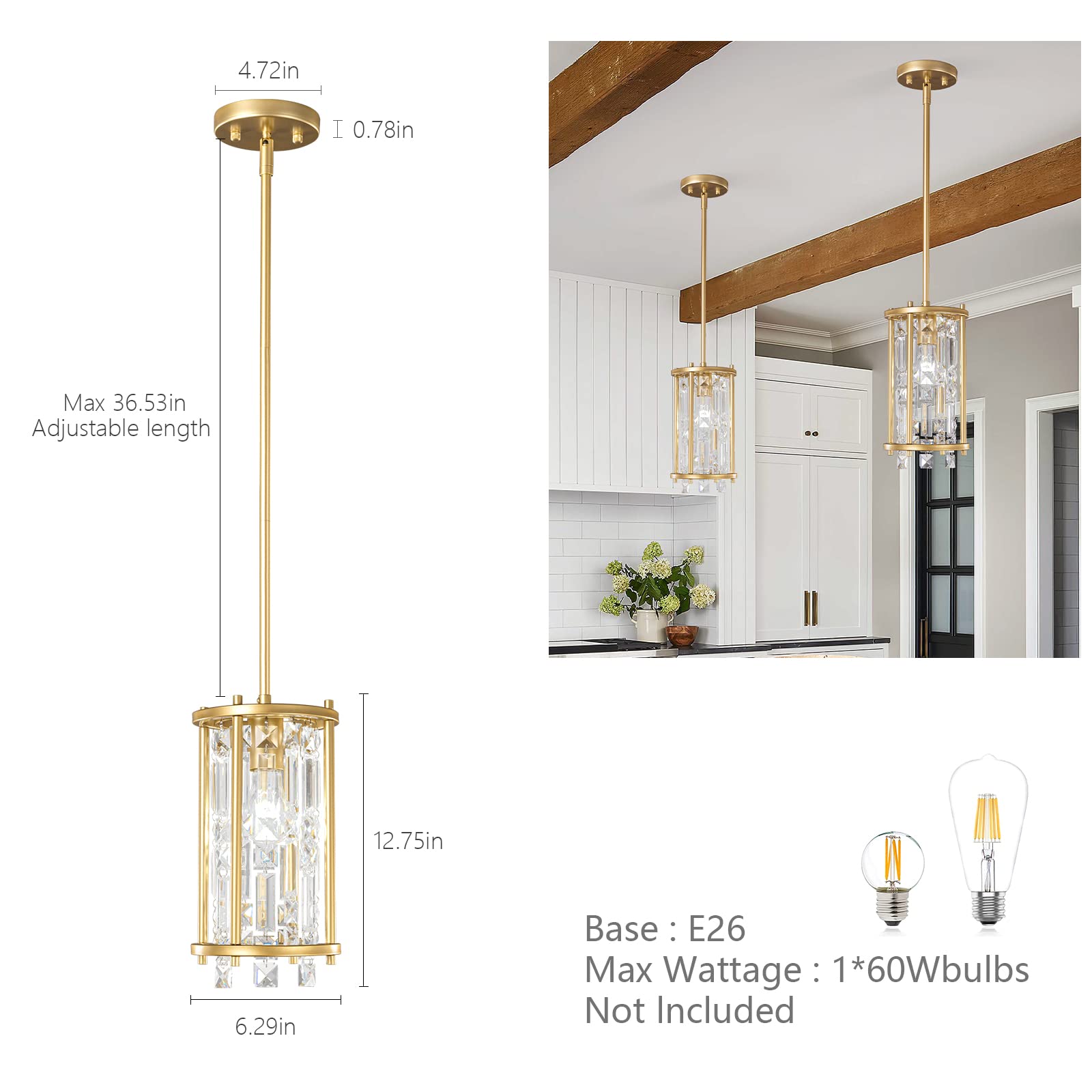 4-Light Dining Room Light Fixture 11.81 inch Square Lndustrial Farmhouse Chandelier Gold Metal Crystal Pendant Light for Kitchen Island Dining Room Living Room Flat and Inclined Ceiling