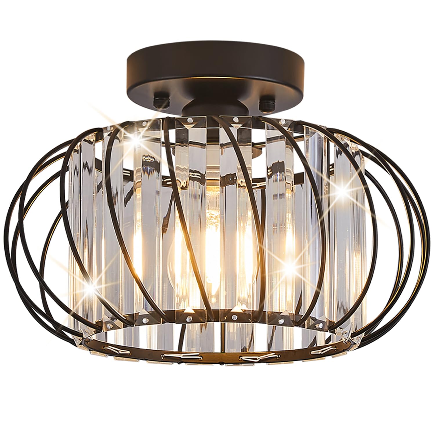 Semi Flush Mount Ceiling Light, 7.5 inch Black Metal Cage Hallway Ceiling Lamps, Farmhouse Ceiling Light Fixture, Industrial Crystal Chandelier for Corridor Bathroom Kitchen (Black 1 Pack)