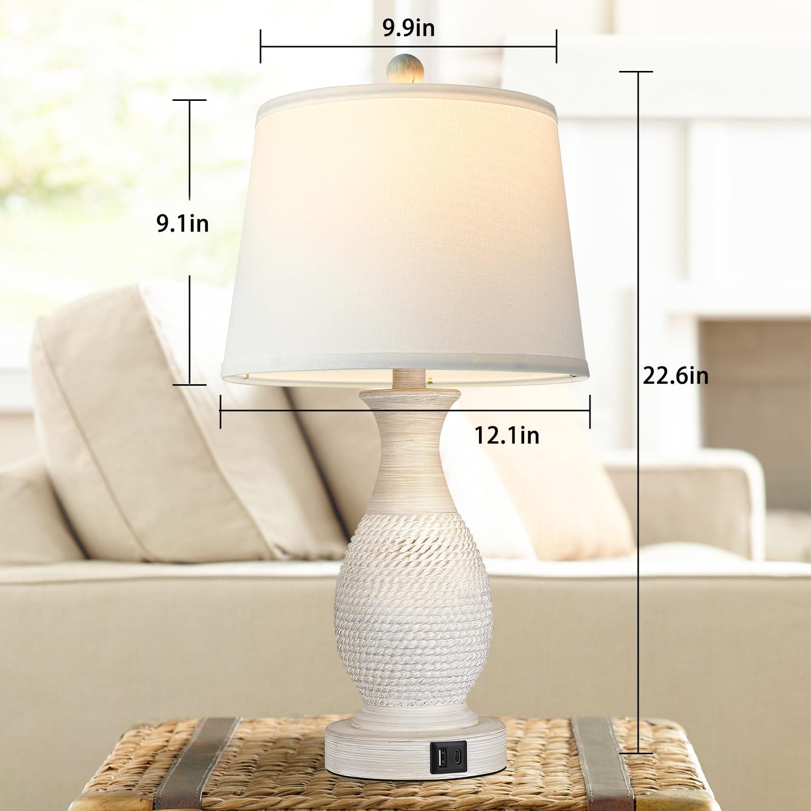 Set of 2 Table Lamps with USB C+A Fast Charging Ports, 26" Tall Farmhouse Living Room Lamp with 3-Way Dimmable Nightstand Lamp White Fabric Shade for Living Room Bedroom Home Office