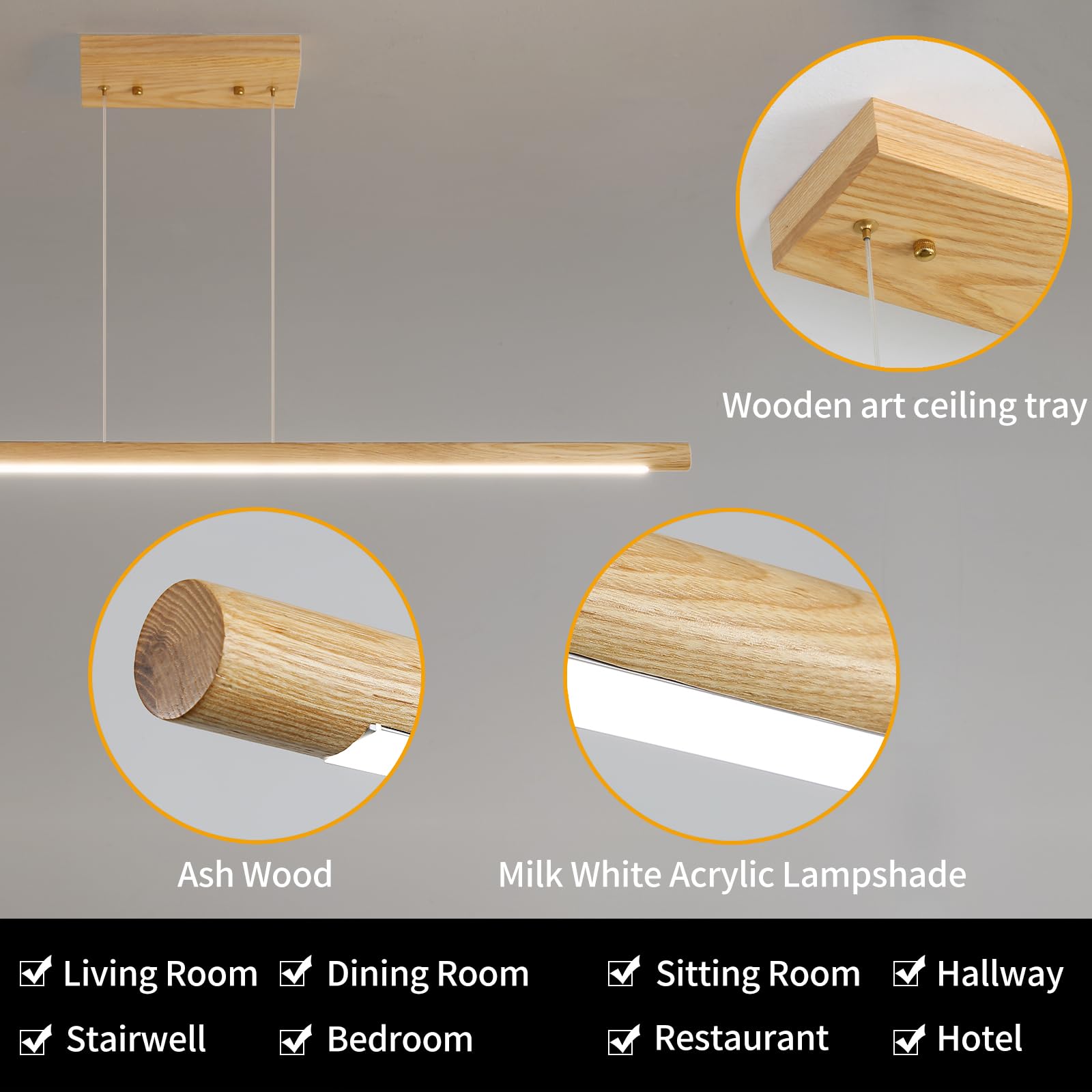 Wooden Linear Pendant Light, 47" Dimmable Pool Table Island Lights for Kitchen, LED Ceiling Pendant Lamp for Dining Room Billiard Room, Adjustable Height，Natural Ash