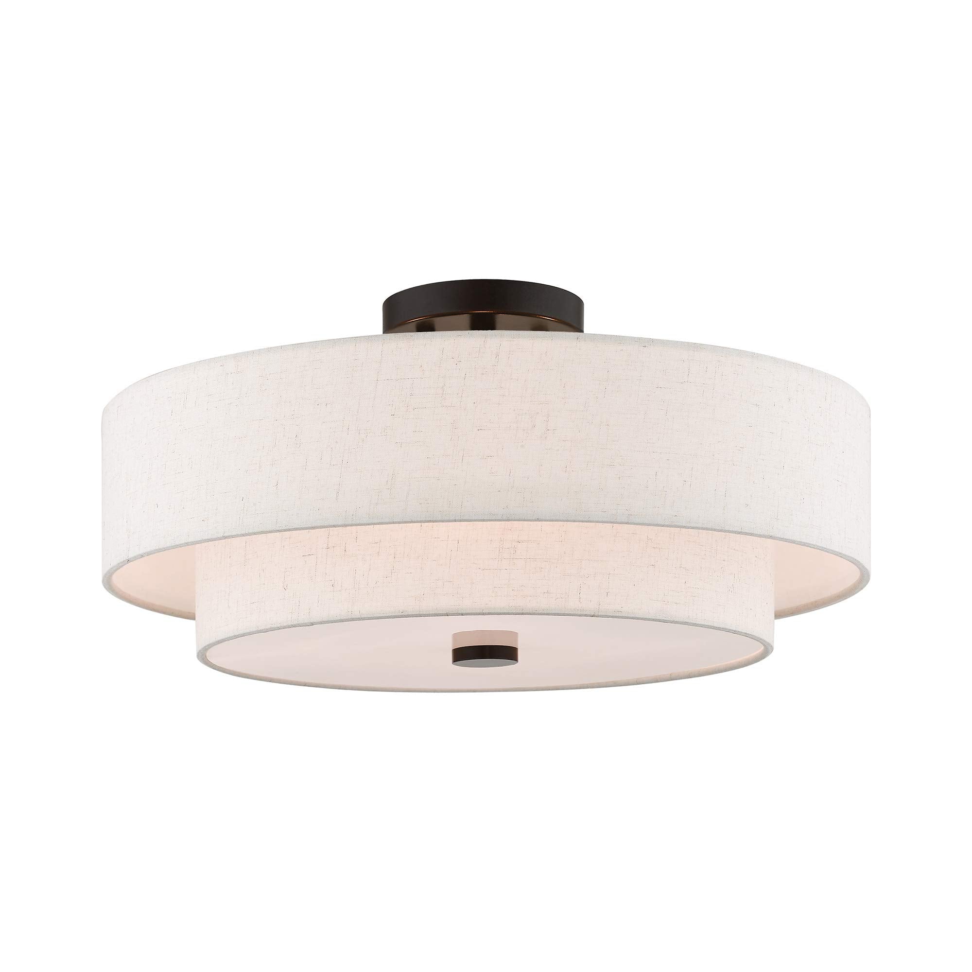 Lighting 51085-92 4-Light Semi Flush Mount Ceiling Fixture with Oatmeal Color Fabric Hardback Drum Shade and Satin White Diffuser, English Bronze