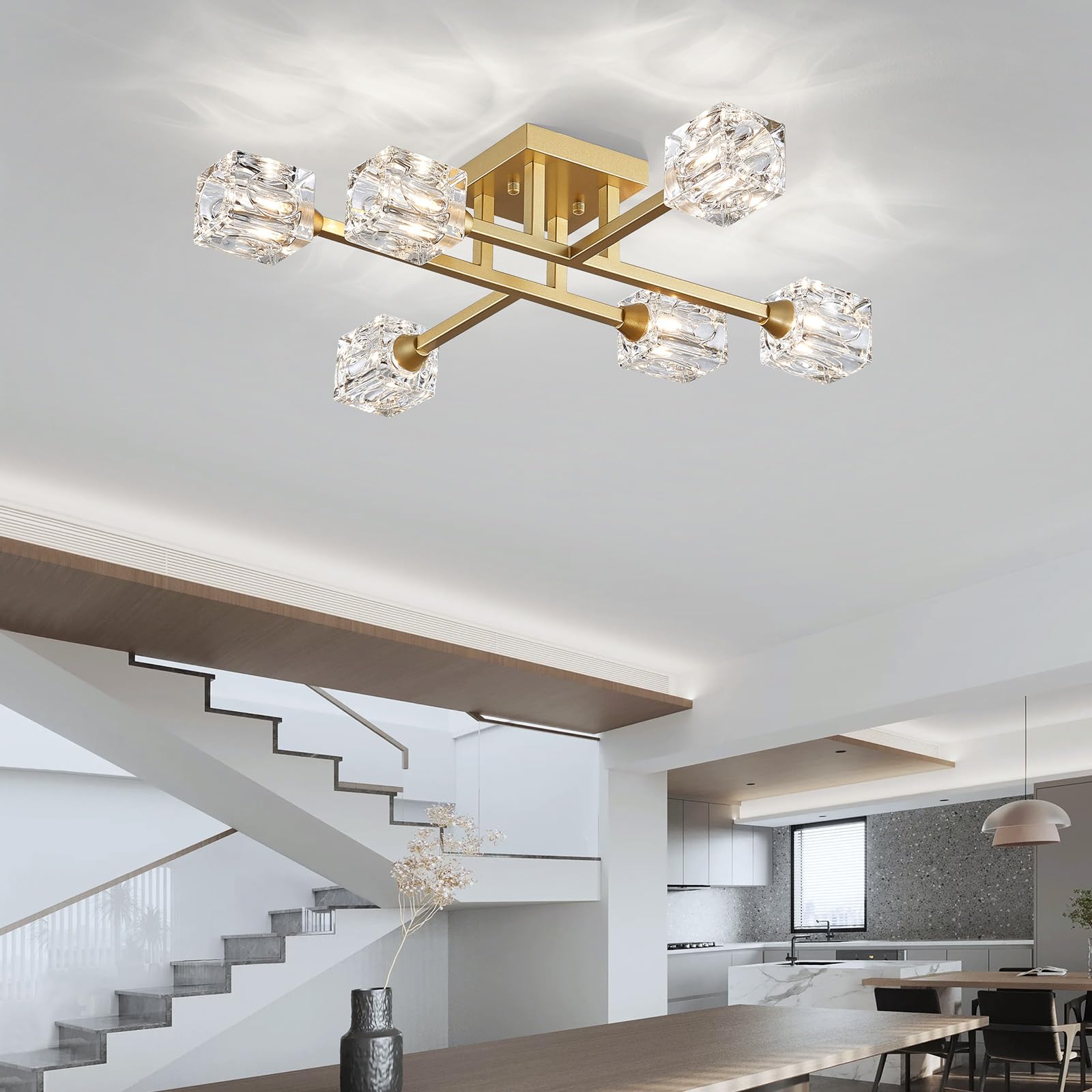 8-Light Semi Flush Mount Ceiling Light Fixture Modern Antique Gold Sputnik Chandeliers Fashion Lighting for Bedroom Dining Room Farmhouse Kitchen Office