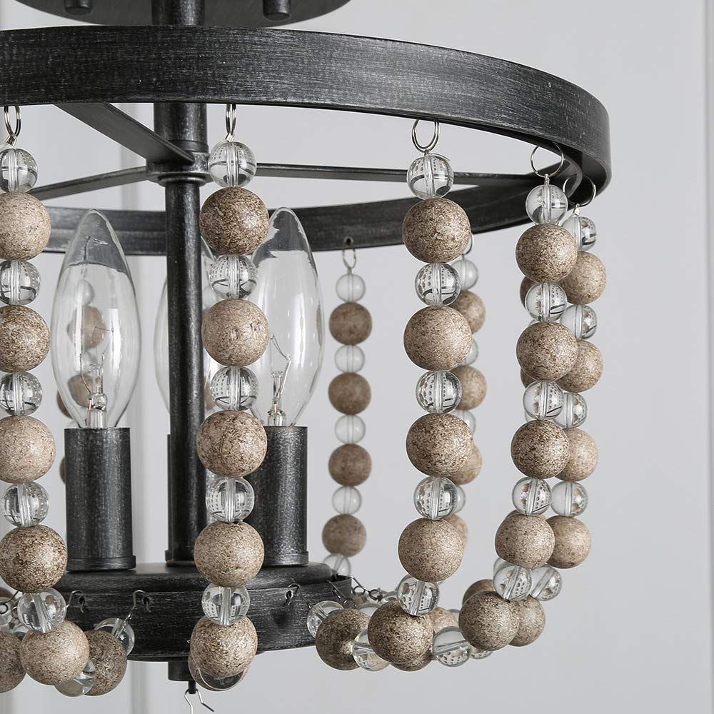 Ceiling Light Fixture, 3-Light Bohemian Lighting for Entryway, Foyer, Distressed Wood Bead Chandelier, Dark Silver Brushed, 12 D” x 13.6” H