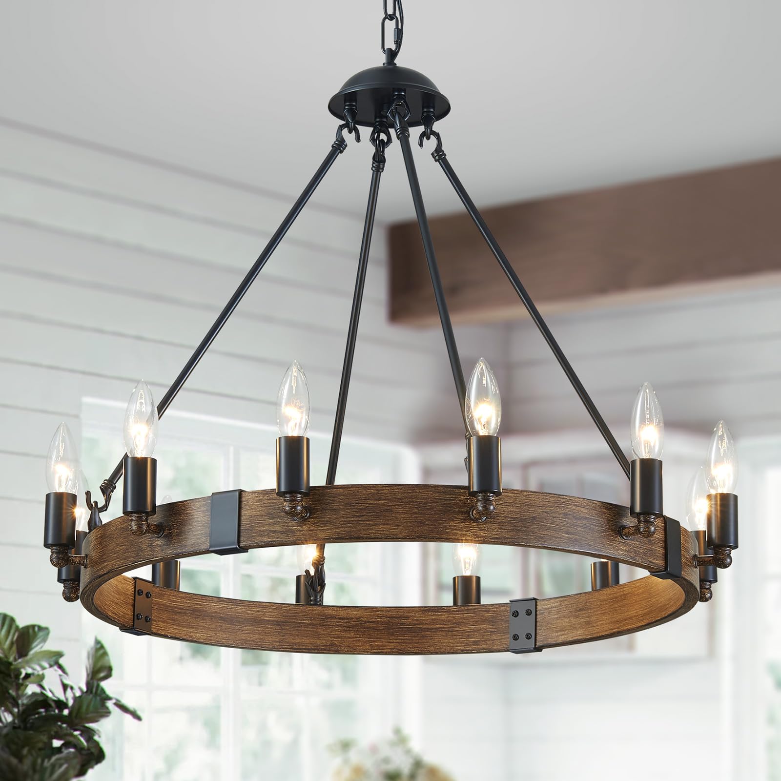 5-Light Wagon Wheel Chandelier Rustic Farmhouse Industrial Round Pendant Light Fixture with Clear Seeded Glass Shades for Dining Room Kitchen Island, H 20.5" x W 26.2", E12 Base, Gold