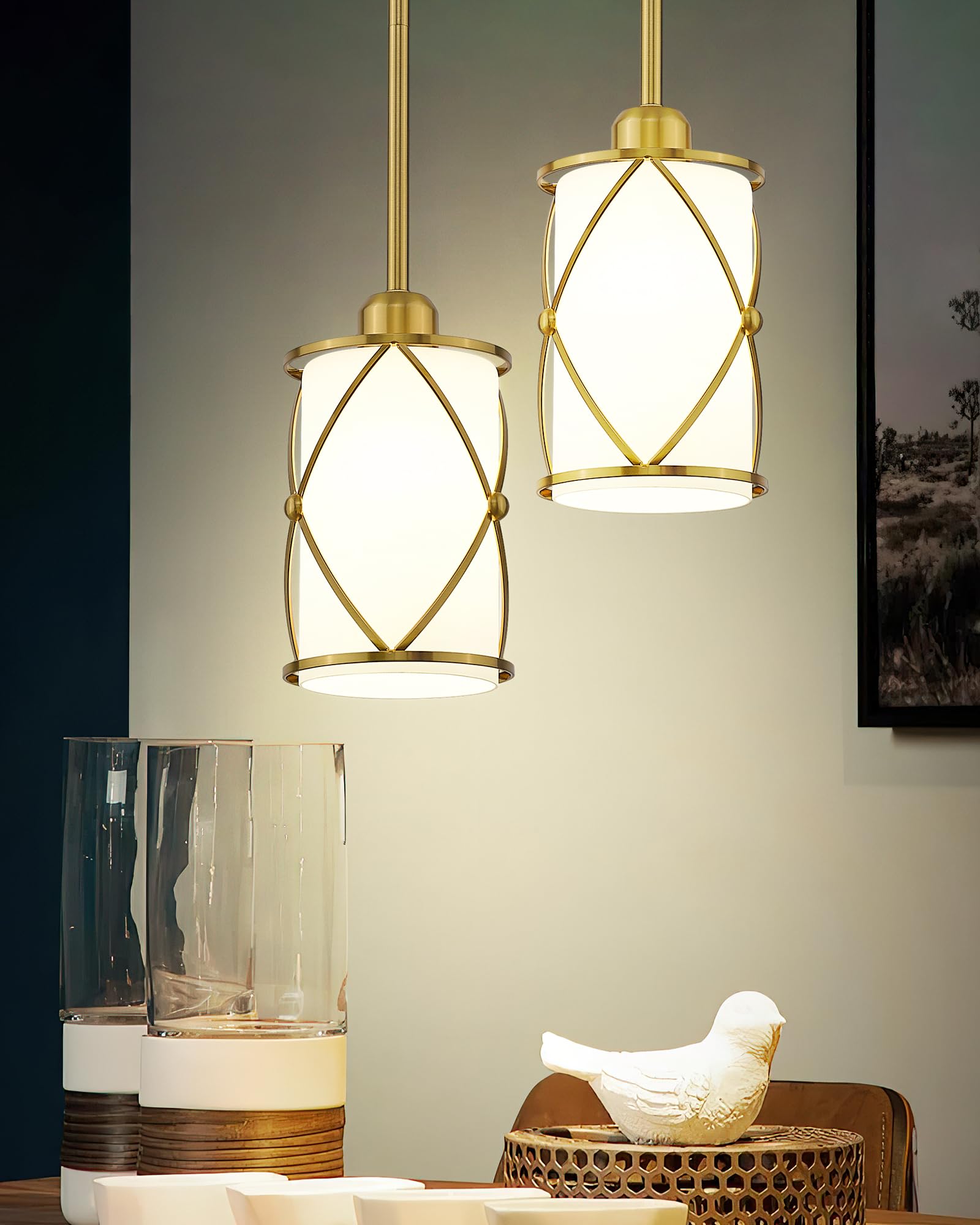 Brushed Gold Pendant Light Fixtures, 3-Light Modern Dining Room Cluster Pendant Light with Milky Glass, Mid Century Cage Hanging Pendant Lighting for Kitchen, Adjustable, CH9176BGW3