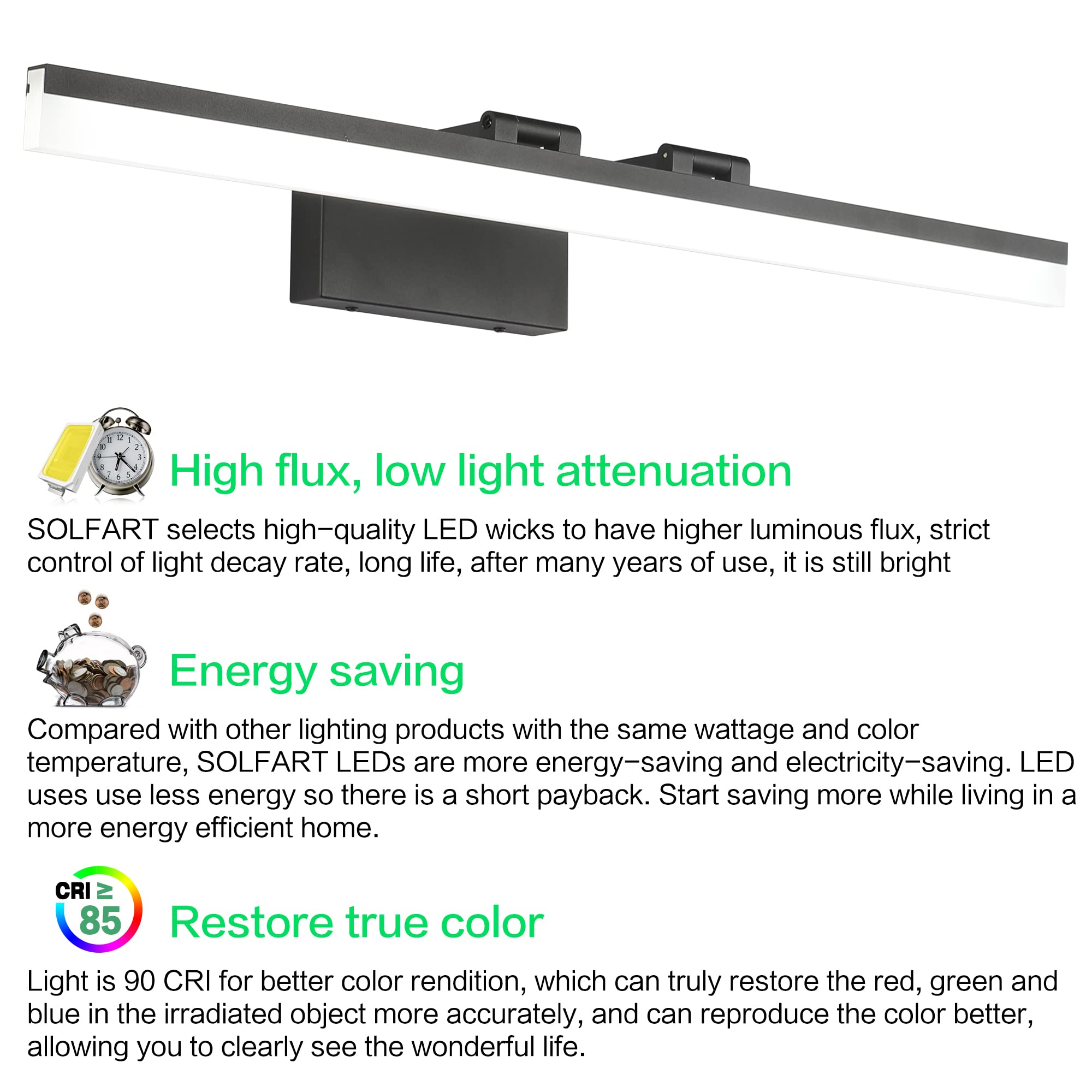 Dimmable Black Vanity Light Bar Lighting Fixtures Modern Bathroom Light Fixtures 6000K Rotatable White Aluminum LED Light