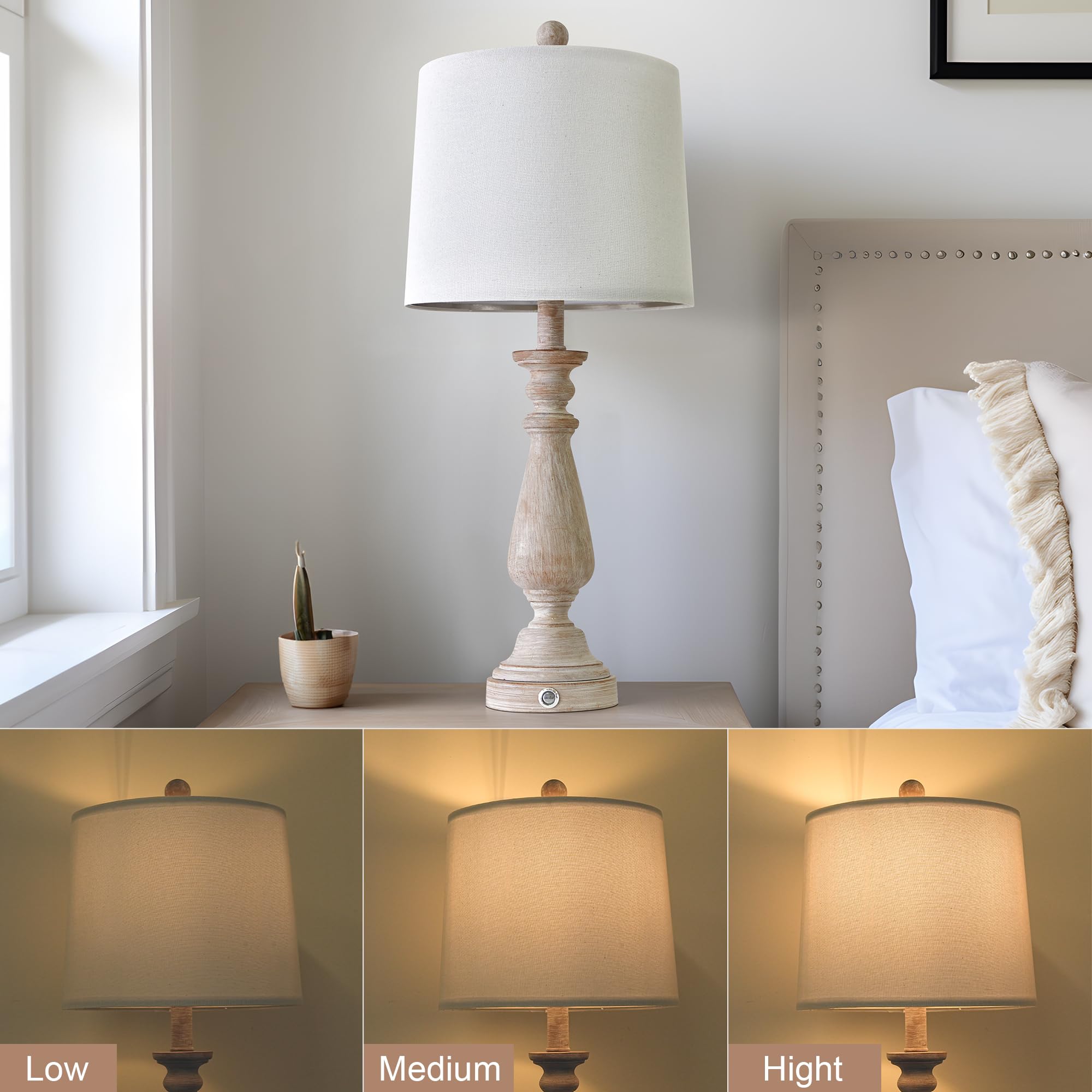 24.5" Mid Century Single Table Lamp for Living Room Farmhouse Linen Bedside Lamps for Bedroom Kids Room Dorm Office Rustic Lamps for End Table Nigntstand Resin