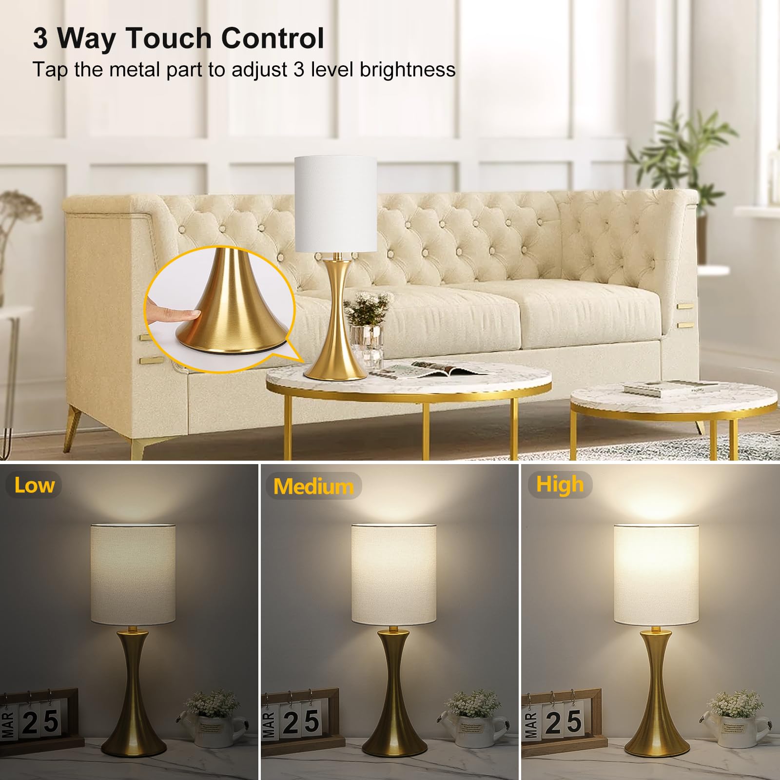 3 Way Touch Control Table Lamp, Dimmable Bedside Desk Lamp with Metal Base Modern Nightstand Lamp Stylish Grey Shade Simple Side Table Lamp for Bedroom, Living Room, Office or Den LED Bulb Included