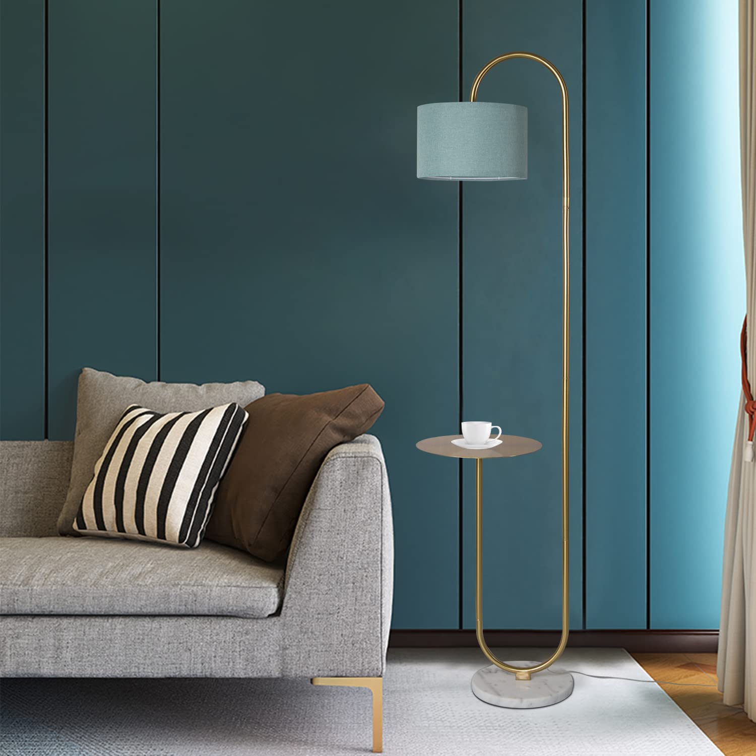 Floor Lamp with Hanging Drum Shade for Living Room-Marble Base Modern Tall Stand Up Light with Table, Contemporary Over The Couch Gold Lamp Standing Lamps for Bedroom Office