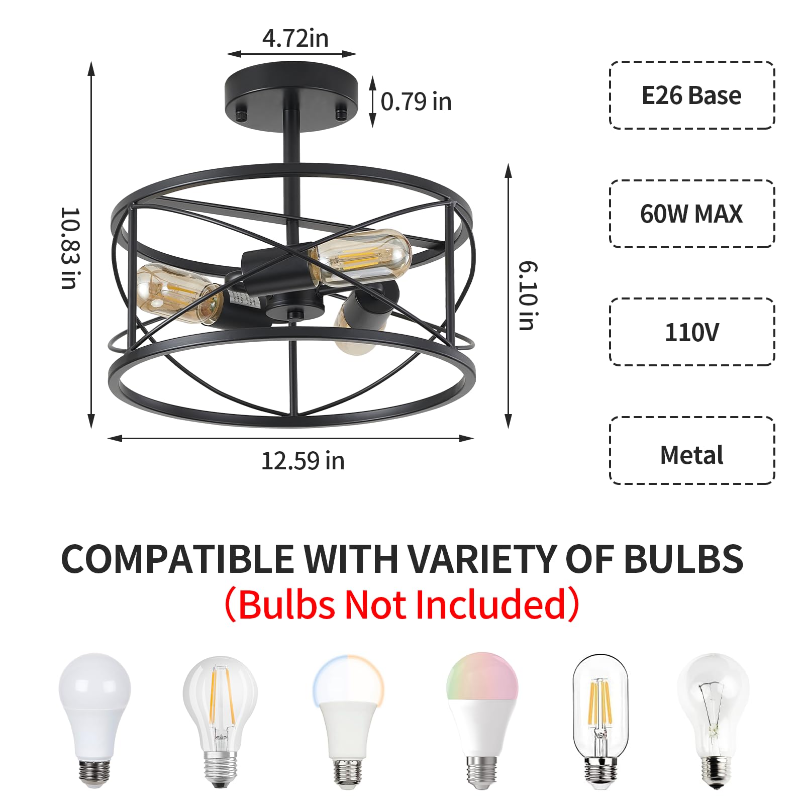 Semi Flush Mount Ceiling Light Chandelier,4-Light Ceiling Lighting Fixture,20" Farmhouse Style Flower Shape Hanging Light Fixtures Ceiling,Black(Bulbs NOT Included)