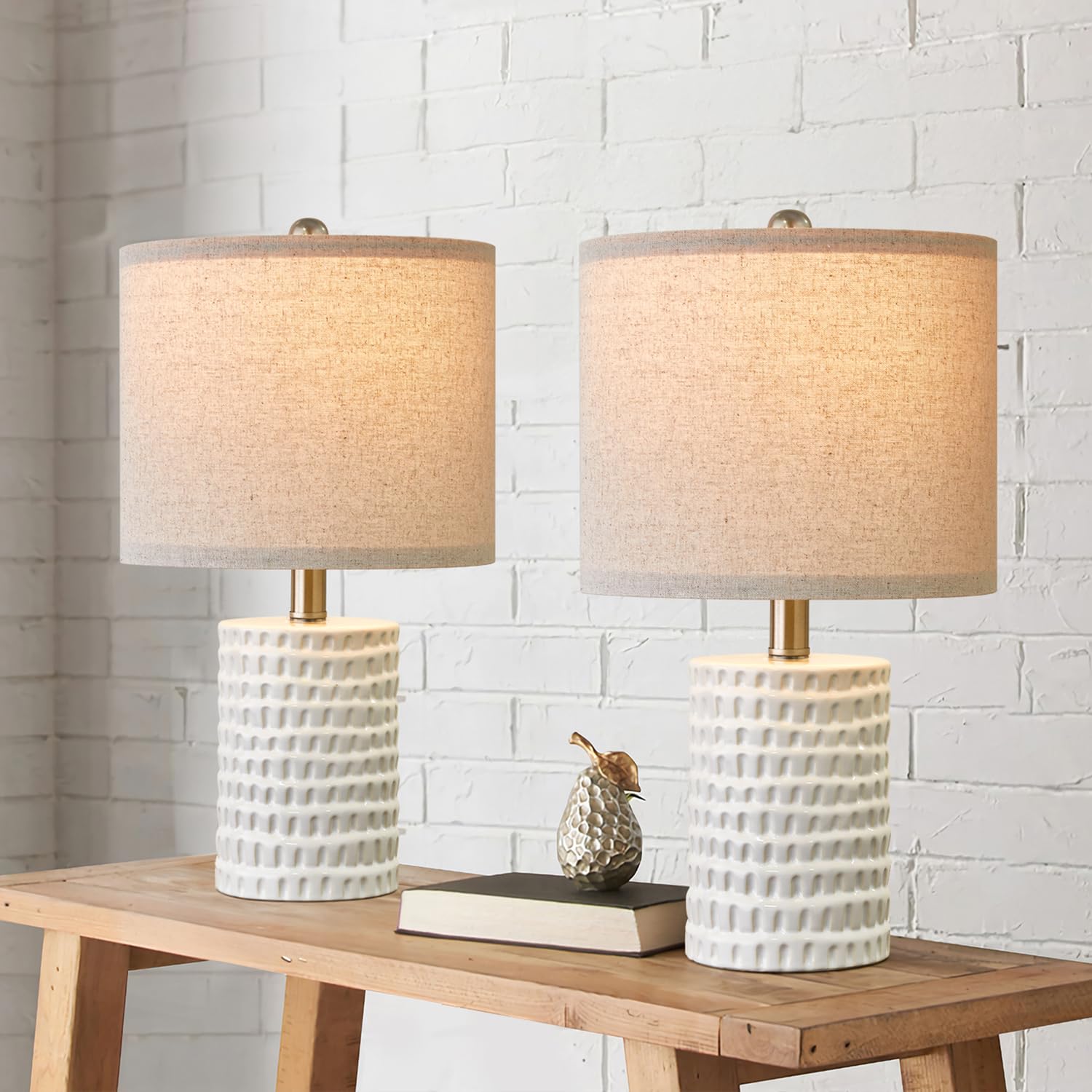 24" Farmhouse Ceramic Table Lamp Set of 2 for Bedroom Living Room White Desk Decor Bedside Lamps for Study Room Office Dorm Modern Accent Nightstand Lamp End Table Lamps