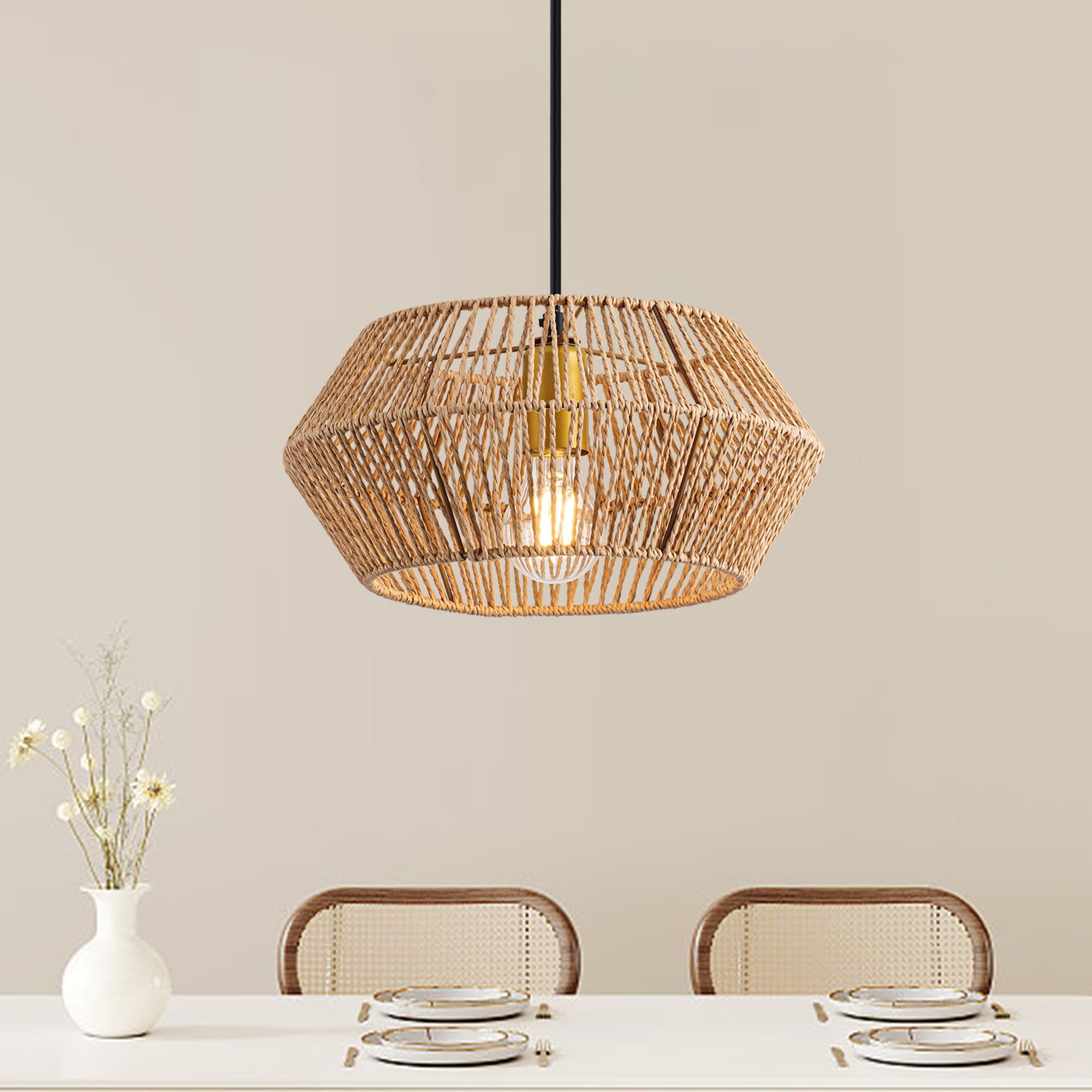 Woven Rattan Chandelier, 12.6 Inch Hemp Rope Boho Chandelier Rustic Farmhouse Chandelier Light, Rattan Pendant Light Fixture for Dining Room Living Room Bedroom Kitchen Foyer, White