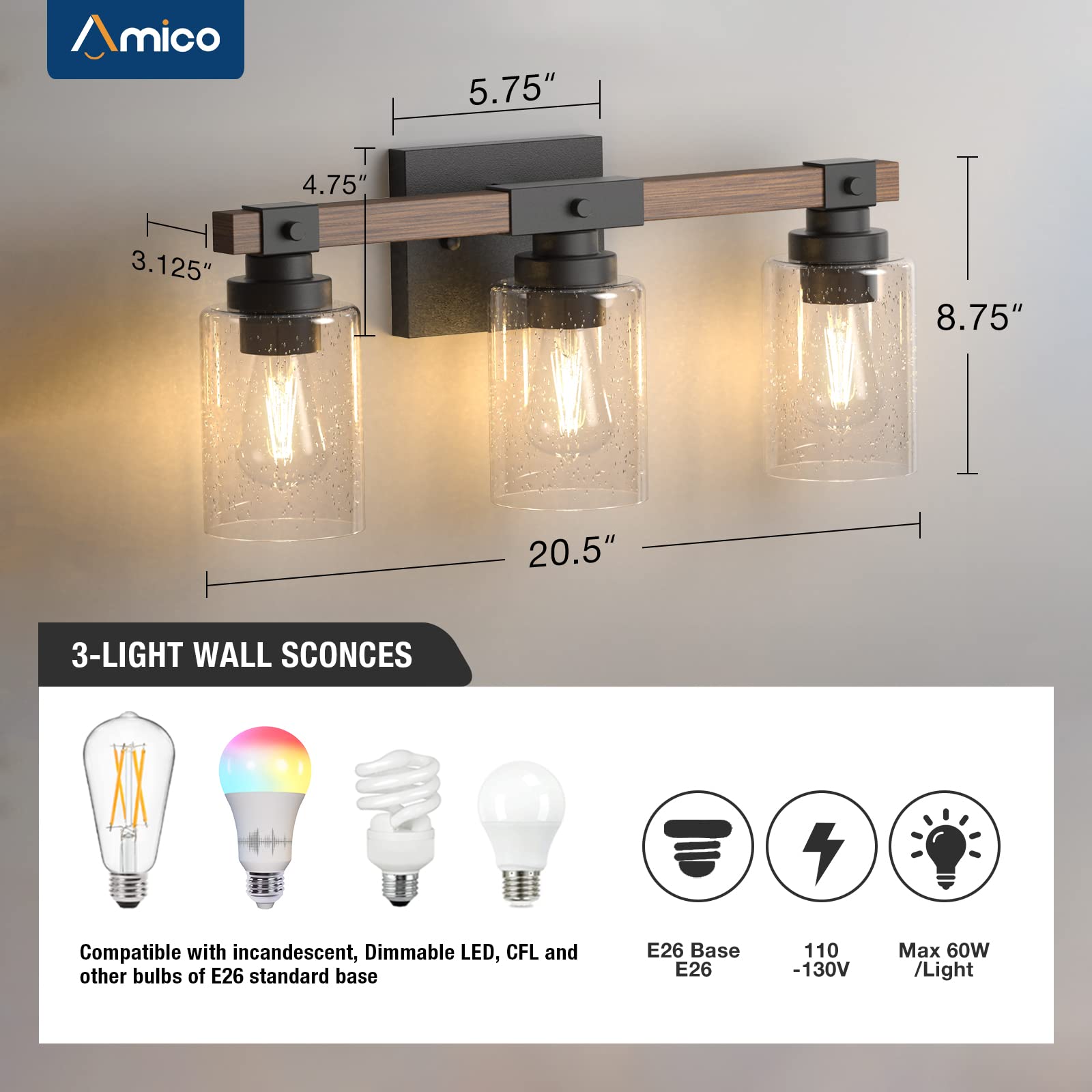 Amico Farmhouse Bathroom Vanity Light Fixtures,Rustic 4-Light Industrial Painted Wood Vanity Lights for Bathroom,Vintage Black Wall Sconces Bathroom Vanity Lighting with Bubble Glass Shade