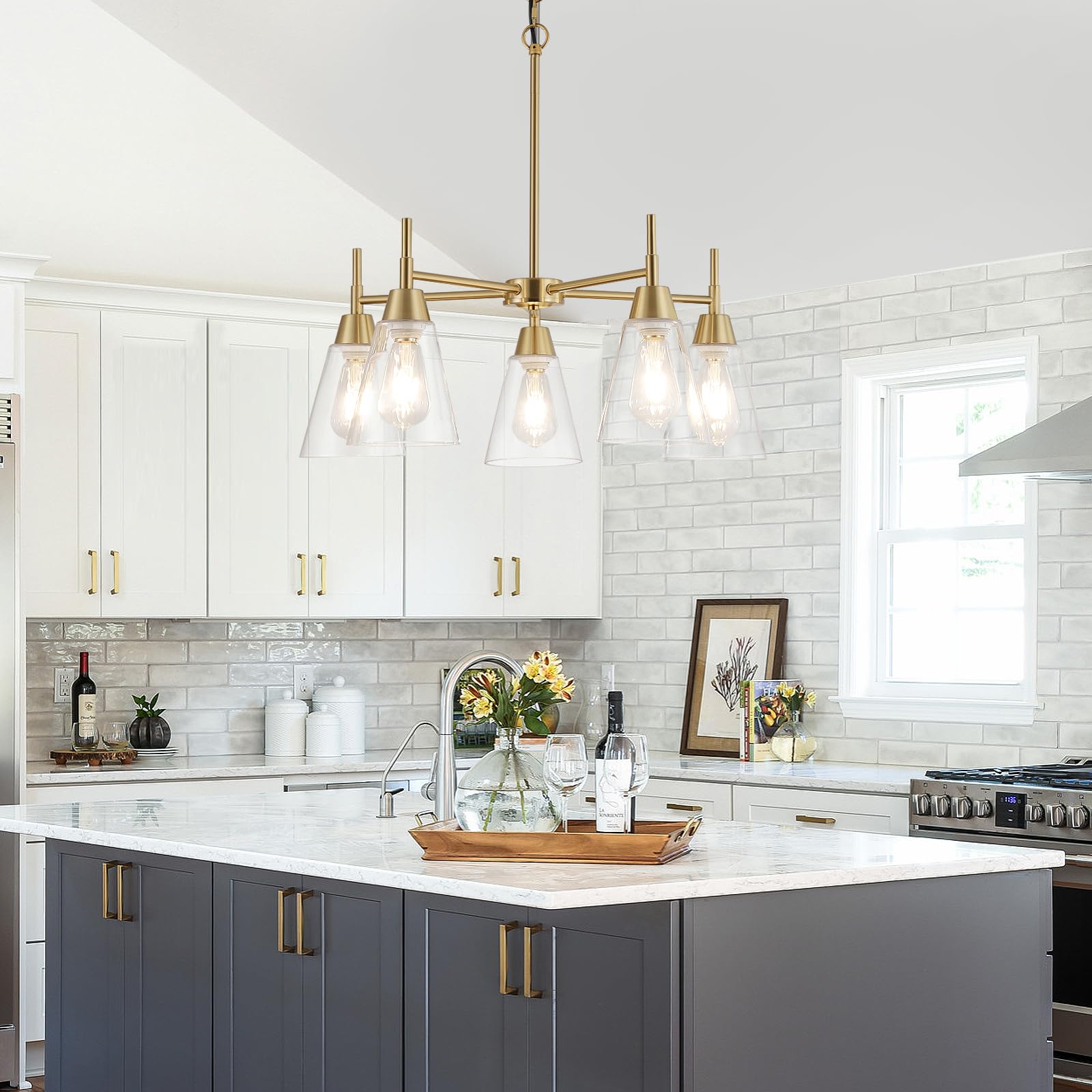 5-Light Gold Chandeliers for Dining Room,Modern Brass Chandelier Kitchen Island Light Fixtures Over Table,Pendant Ceiling Hanging Lighting with Clear Glass Shade for Entryway Foyer Hallway