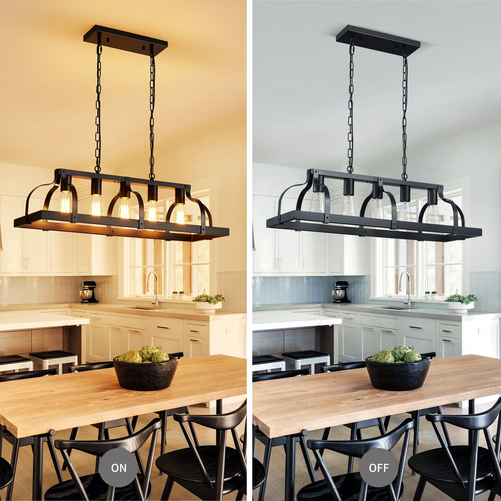 WUZUPS 5-Light Metal Chandelier Imitation Wood Grain Linear Pendant Ceiling Lighting Rustic Farmhouse Fixture Kitchen Island Dining Room, H 8.5" L 31.5" W10, E26 Base, Black & Antique White