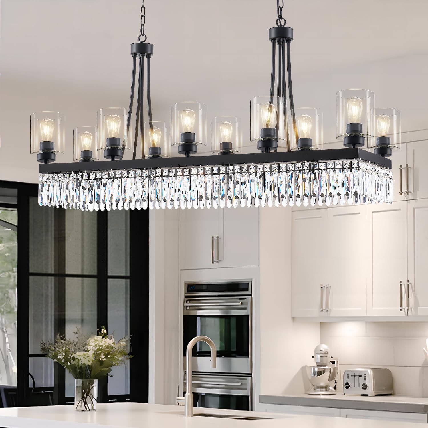 Rectangle Black Modern Chandeliers for Dining Rooms - L47 Inches Luxury Crystal Chandelier Lighting, Glass Shade Pendant Ceiling Light Fixtures for Kitchen Island, Bar