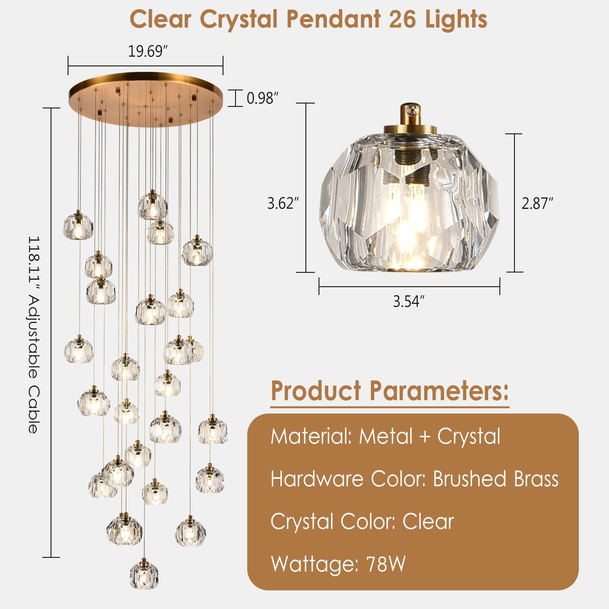 3-Light Cut Pendant Light Fixtures, 9W Brass Ceiling Pendant Lighting, Clear Prism Crystal Hanging Lamps LED Lights for Kitchen Island Dining Room