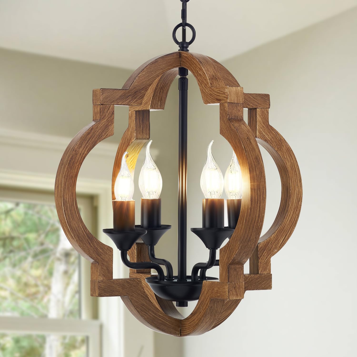 15.4" Rustic Wood Chandelier 4-Light Farmhouse Wooden Ceiling Pendant Light Fixture Vintage Chandeliers Modern for Dining Room Kitchen Island Foyer Hallway Entryway Bedroom