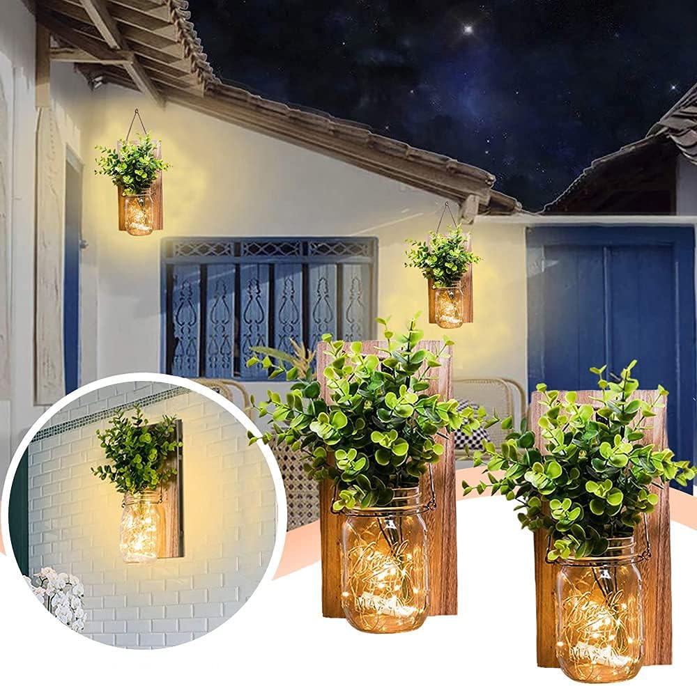 Rustic Wall Sconces, Mason Jar Sconces, Farmhouse Home Decor, LED Fairy Lights, Green Fake Plant, Interior Decoration Warm Toned Lighting. (2 Pack)