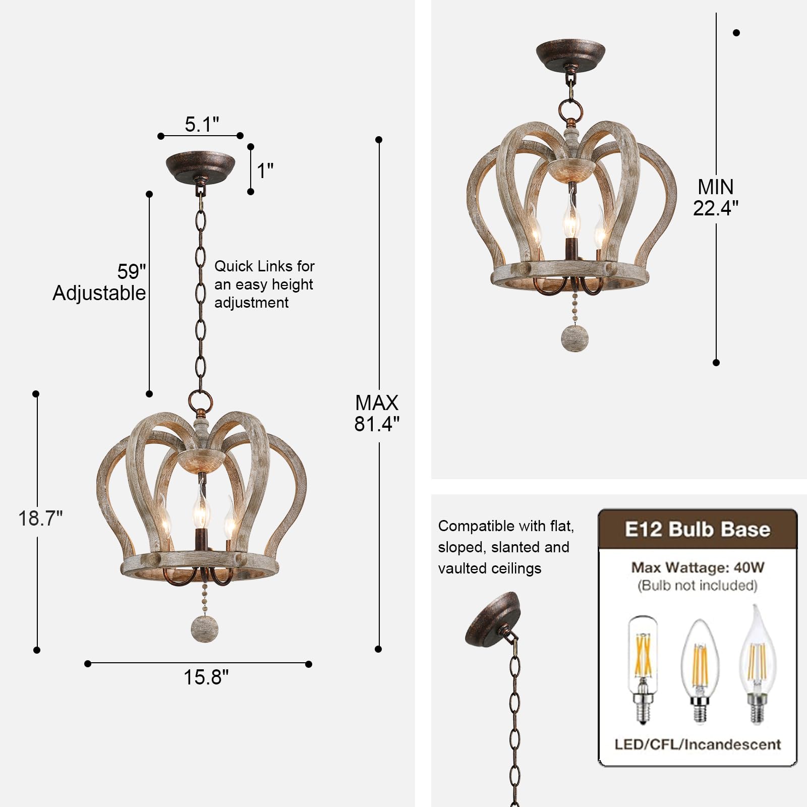 Farmhouse Crown Chandelier,Distressed White Wooden Chandelier,3-Light Vintage Pendant Light Wood Rustic Chandelier for Living Room Dining Room Foyer Hallway Bedroom Kitchen Island