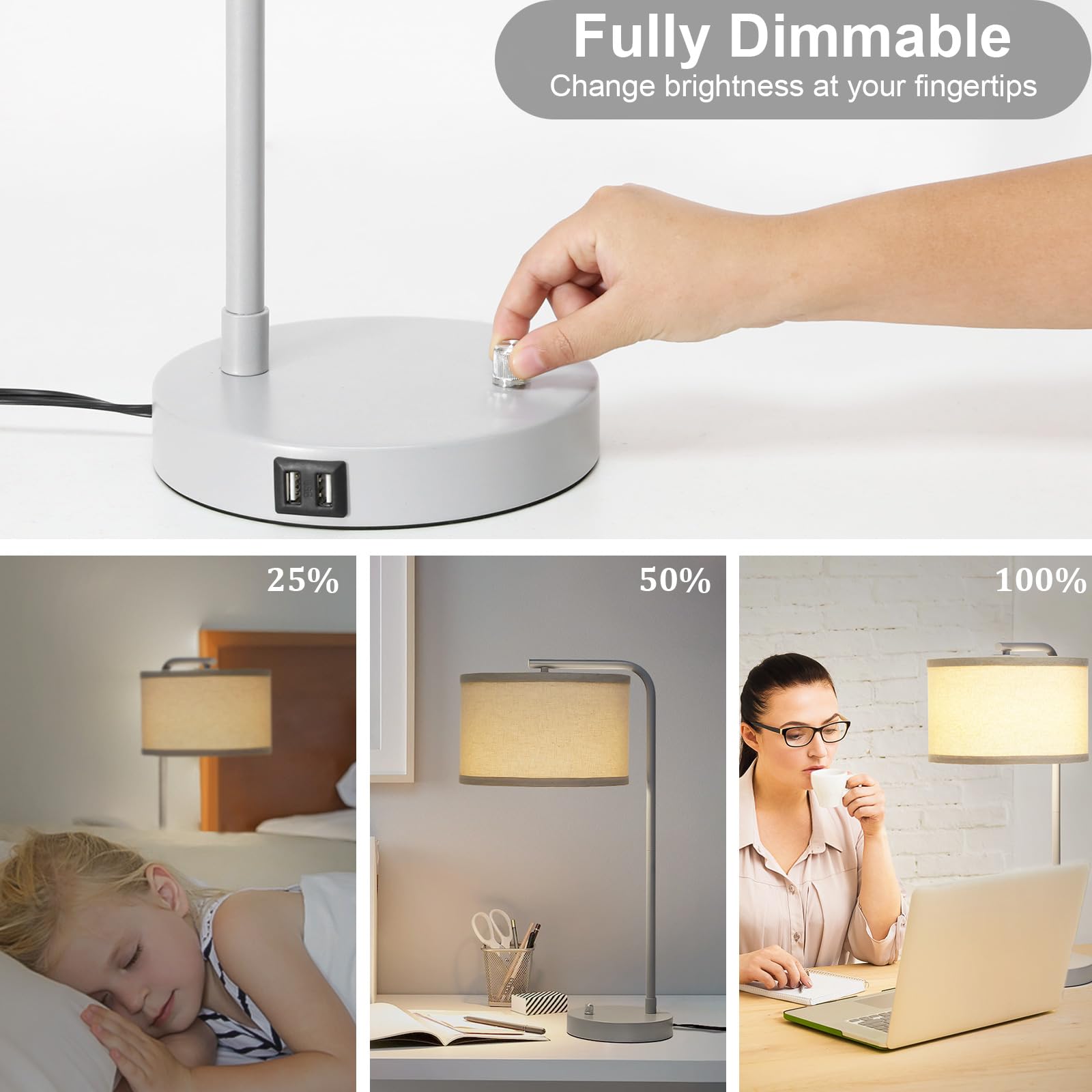 USB Bedside Lamp, Industrial Side Table Lamp with Dual USB Charging Ports, Fully Dimmable Nightstand Lamp, Tall Reading Lamp Desk Lamp for Bedroom, Living Room, Office, 9W LED Bulb Included