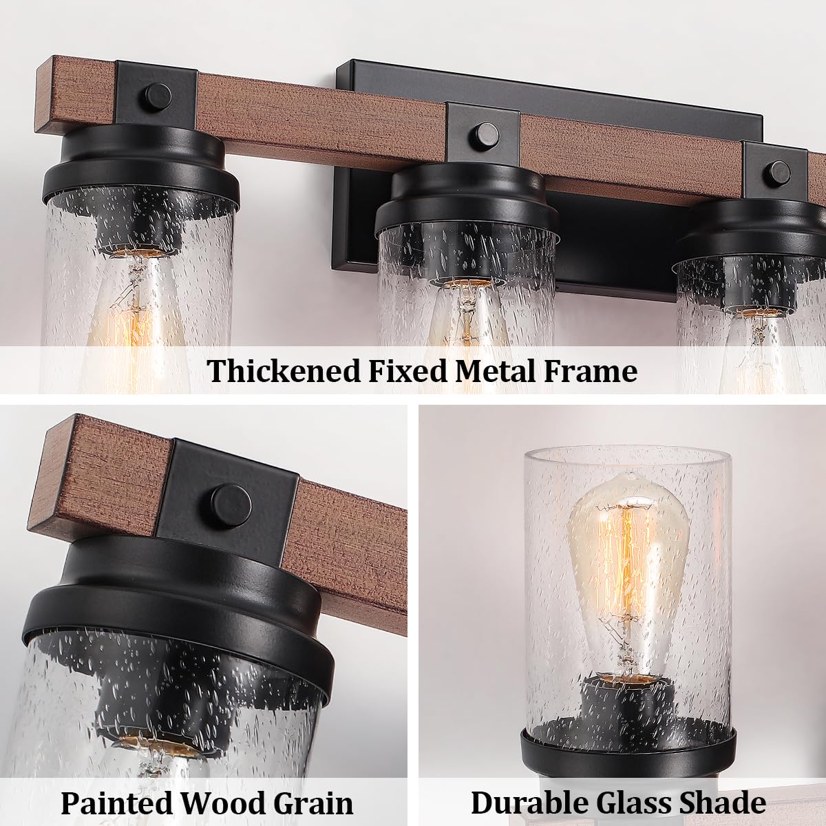 2-Light Farmhouse Vanity Lights for Bathroom, Rustic Bathroom Light Fixtures with Pretty Glass Shade, Black Industrial Wood Grain Wall Sconce for Bathroom Hallway Bedroom