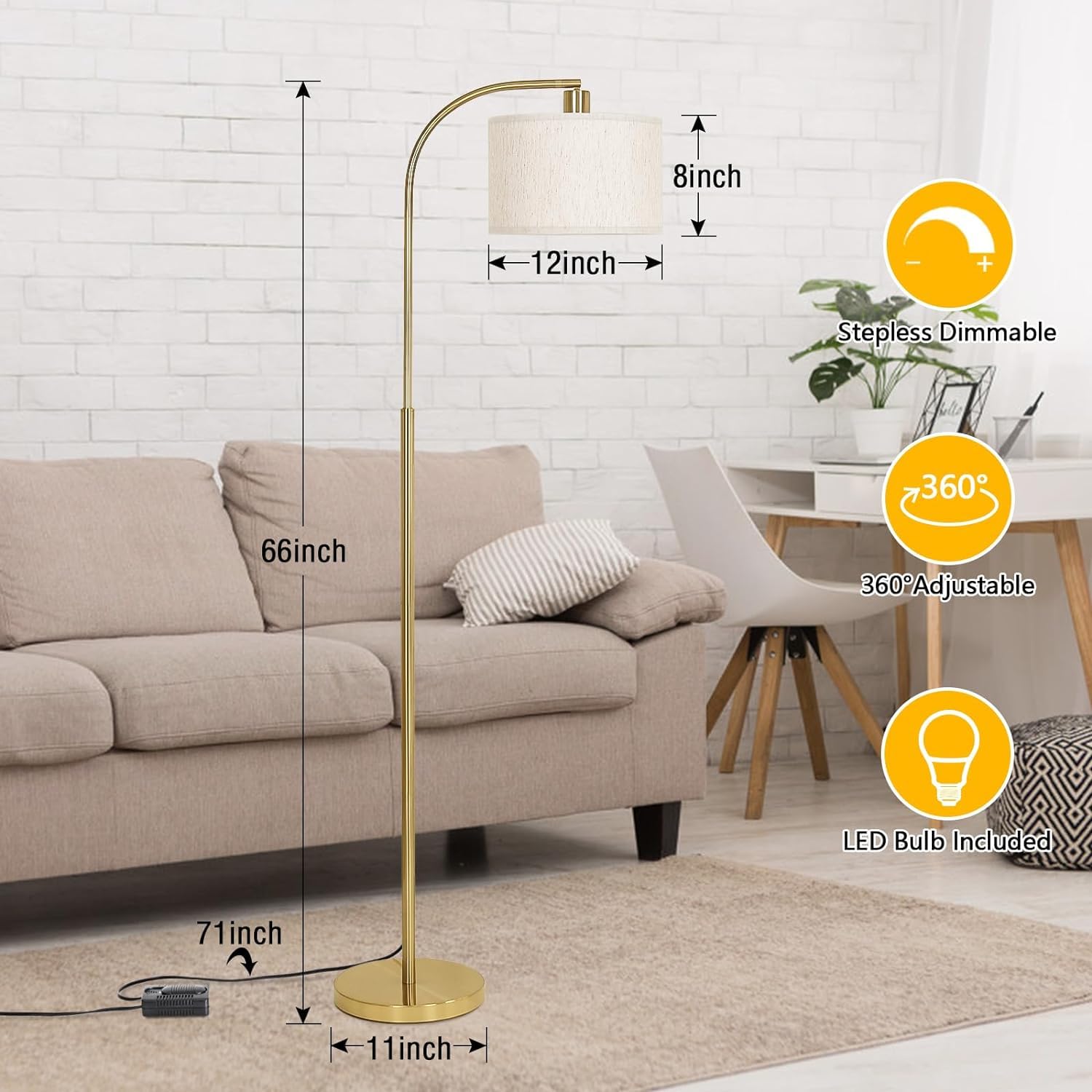 LED Floor Lamp Fully Dimmable Modern Standing Lamp Arc Floor Lamp with Adjustable Drum Shade, Gold Tall Pole Reading Lamp Corner Light for Living Room Bedroom Study Room, Bulb Included