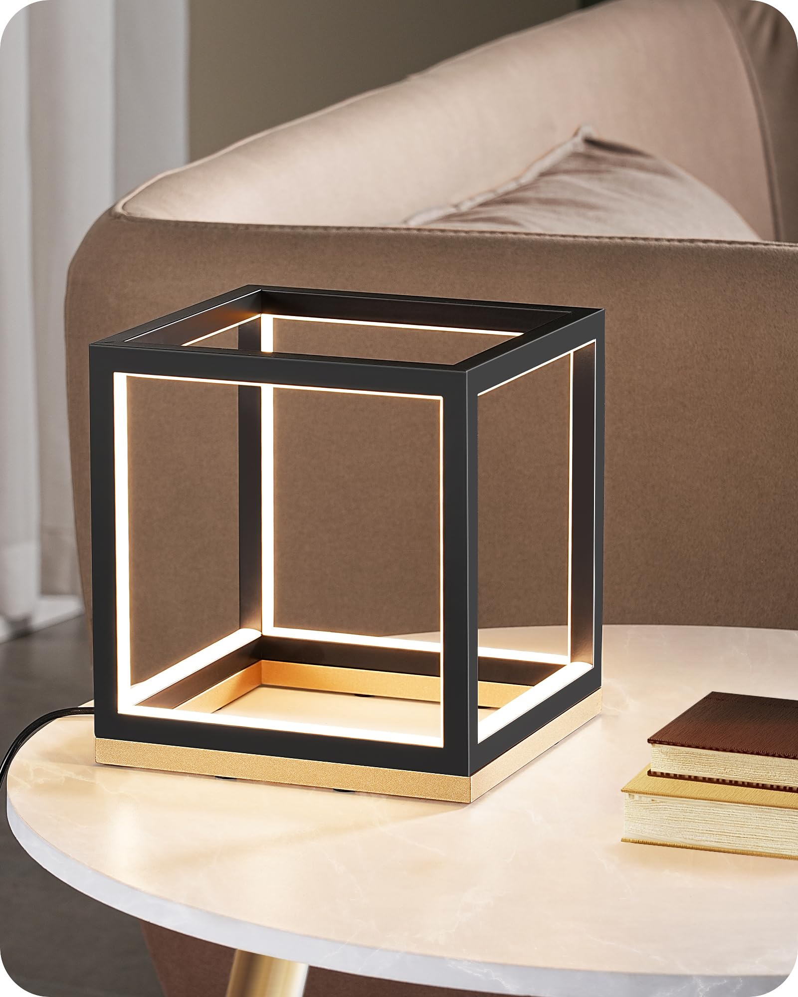 Modern LED Table Lamp, Minimalist Bedside Lamp with Solid Wood Base, 3 Way Dimmable, 3000K/4500K/6000K, 470LM, Black Gold Square Geometric Nightstand Lamp for Living Room, Bedroom, Office