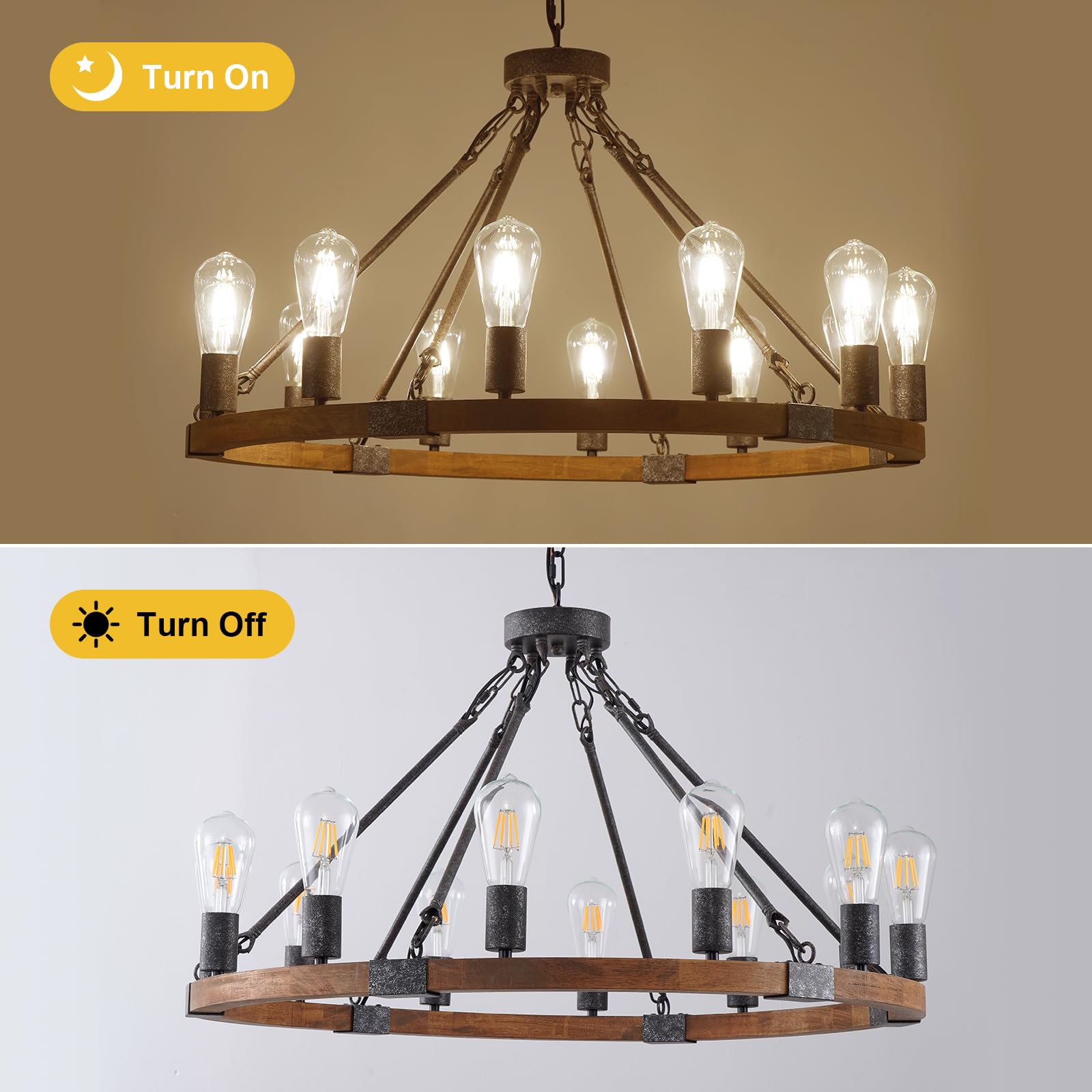 12-Light Wood Wagon Wheel Chandelier Brown Rustic Hanging Ceiling Lighting Chandeliers Industrial for Living Dining Room Bedroom Hallway Entryway Foyer High Ceiling Restaurant, E26