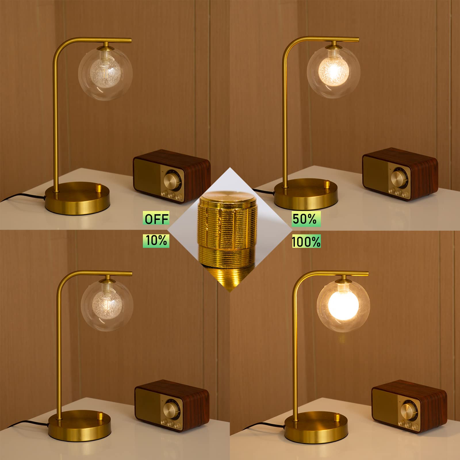 Industrial Table Lamps with USB Charging Ports,Gold Metal Brightness Beside Table Lamp with Glass Globle Stepless Dimmable Desk Lamp for Living Room Bedroom,LED Bulb Included