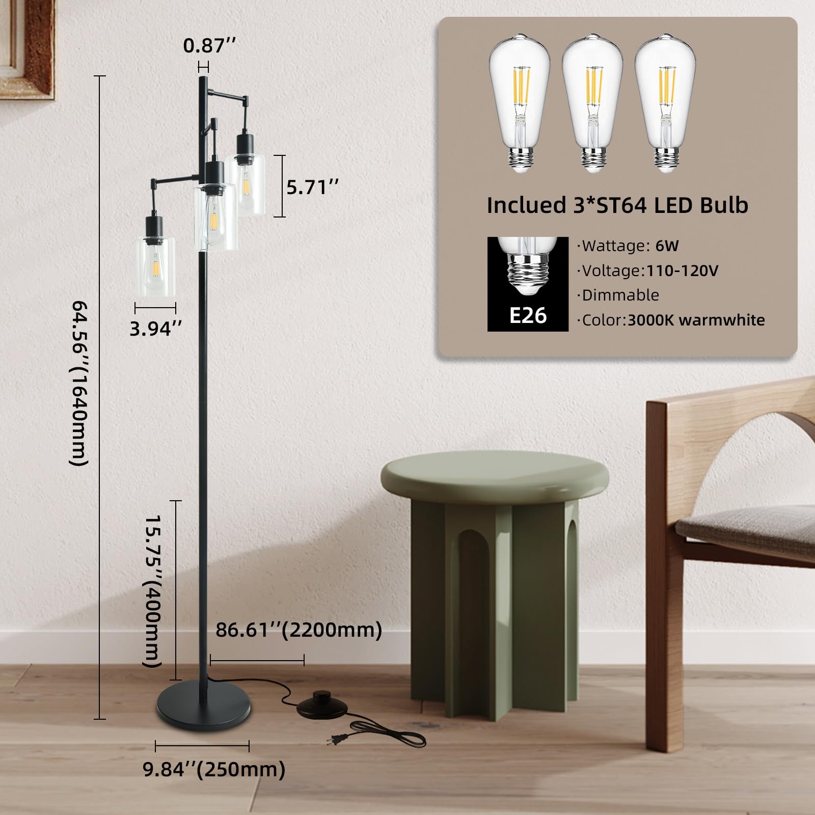 Farmhouse Floor Lamp for Living Room Bedroom, 3-Lights Floor Lamp with On/Off Foot Switch, Tall Pole Tree Standing Lamp Oil Rubbed Bronze with Amber Glass Shade, LED 3 Bulbs Included