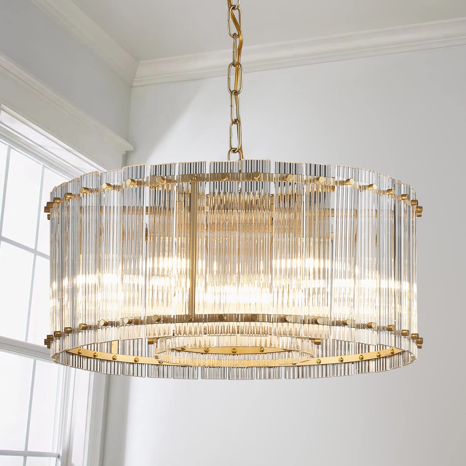 Saint Mossi 21032 Drum Chandelier Light Fixture, Doule Layer Middle Century Modern Design, with 5-Light, D18 x H10, Adjustable 59" Chains, Ripple Glass Shade & Gold Finish Metal Frame