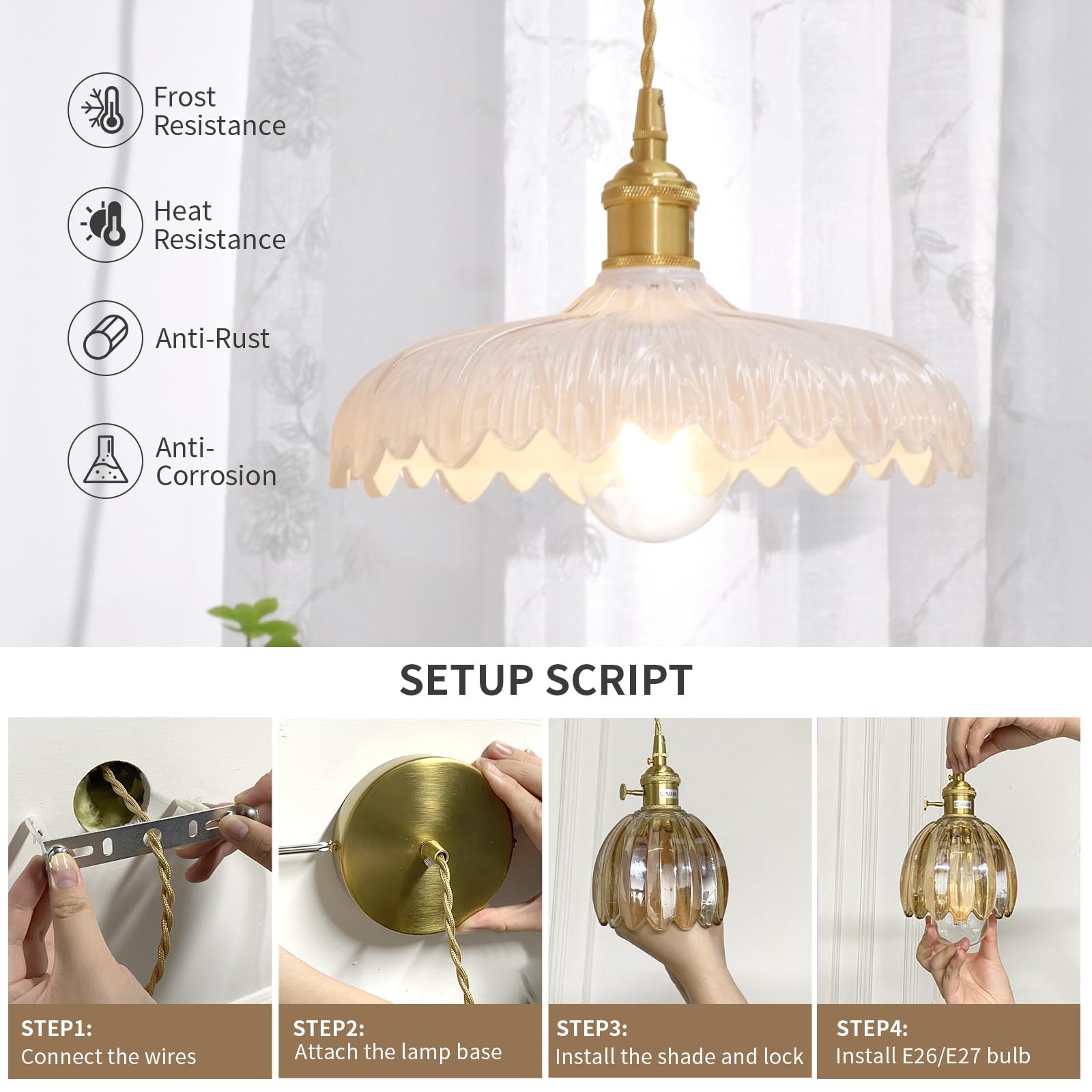 Pendant Light with White Pleated Ceramic Lmapshade, Brass Vintage Pendant Light Adjustable Hanging Light for Kitchen Island Dining Room Hallway 7.87 Inch Diam