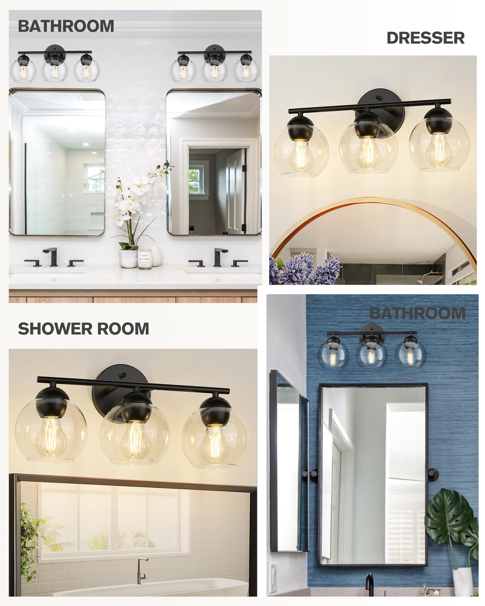 Black Vanity Lights for Mirror, Modern Farmhouse 2-Light Bathroom Light Fixtures Globe Bathroom Vanity Light with Milk Glass Shade, VL114-BK-ML-2