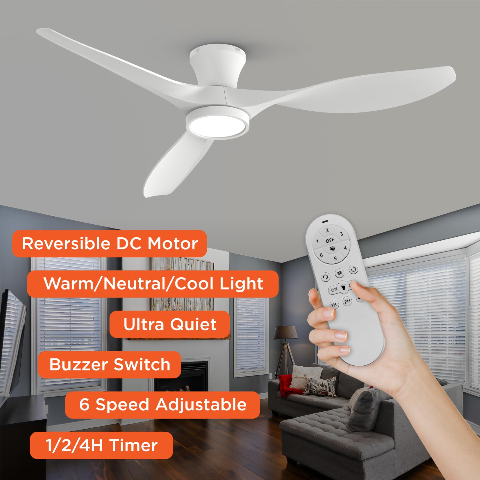 52 inch Ceiling Fans with Lights Remote Control, Modern Low Profile Ceiling Fan with Quiet Reversible DC Motor for Bedroom Living Room and Patio White