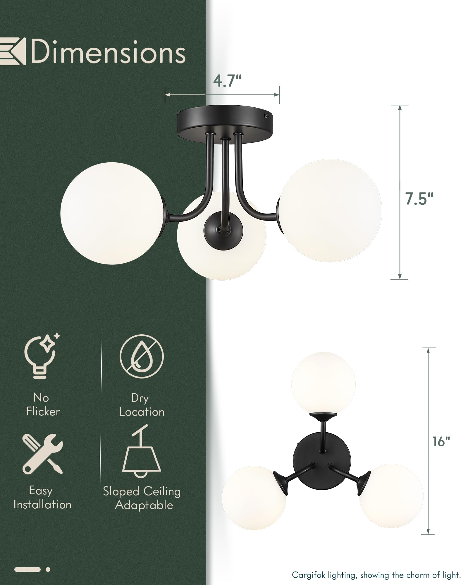 3-Light Black Ceiling Light Fixture, Industrial Semi Flush Mount Ceiling Light, Ceiling Light with Globe Frosted Glass for Kitchen Bedroom Hallway, CL4845-3W-BK