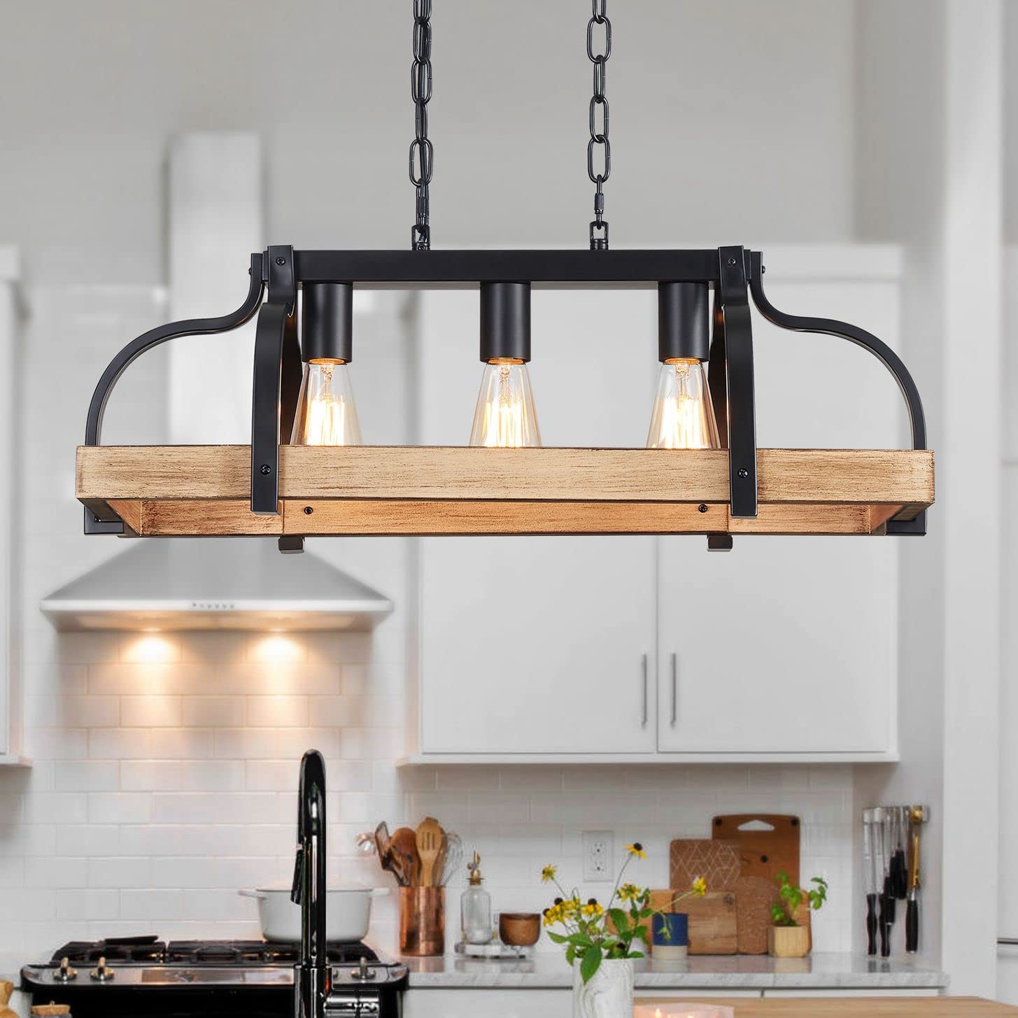 WUZUPS 5-Light Metal Chandelier Imitation Wood Grain Linear Pendant Ceiling Lighting Rustic Farmhouse Fixture Kitchen Island Dining Room, H 8.5" L 31.5" W10, E26 Base, Black & Antique White