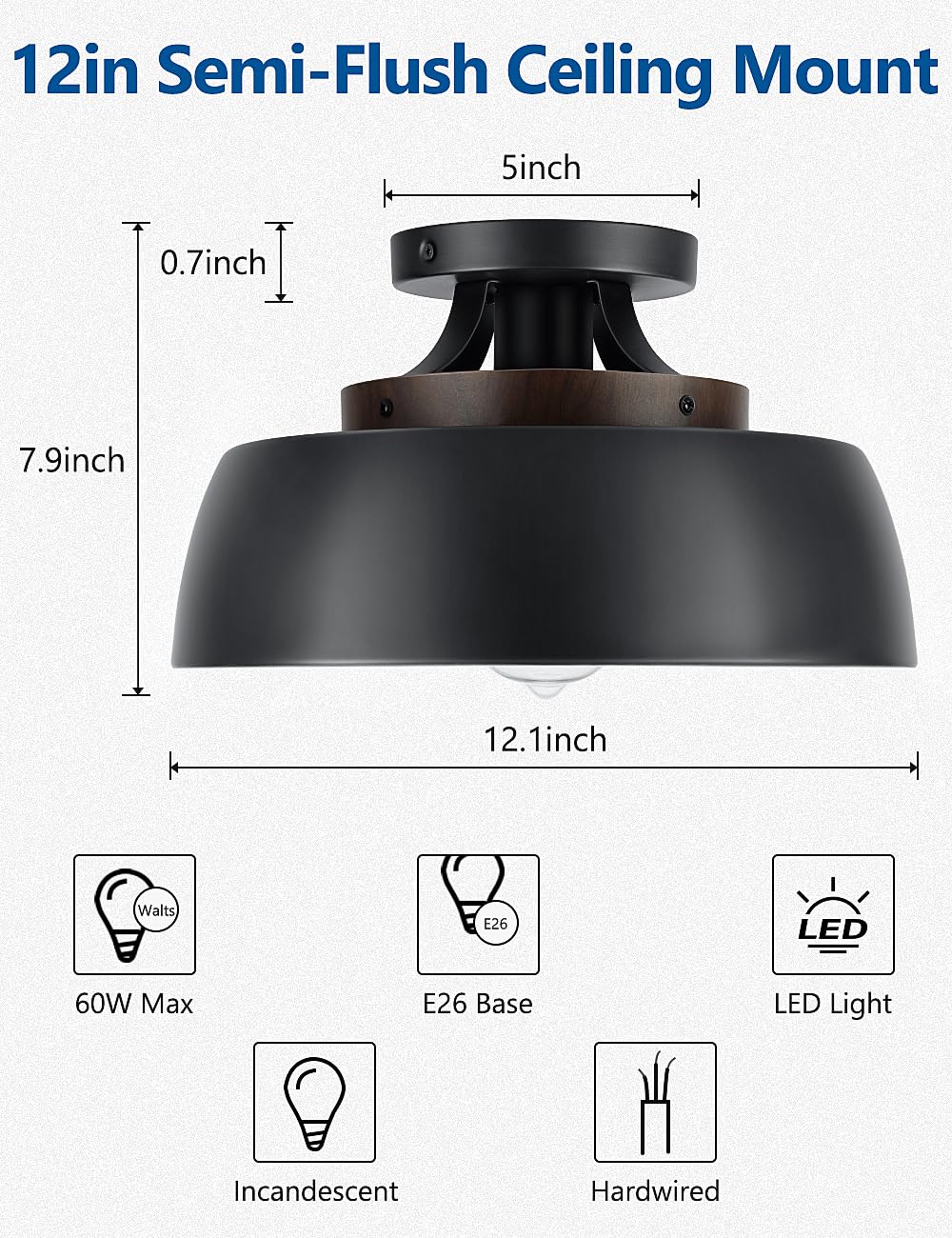 Semi Flush Mount Ceiling Light Fixture, Vintage Close to Ceiling Light, Matte Black Farmhouse Ceiling Lamp for Kitchen Hallway Entry Living Room Bedroom, E26 Base