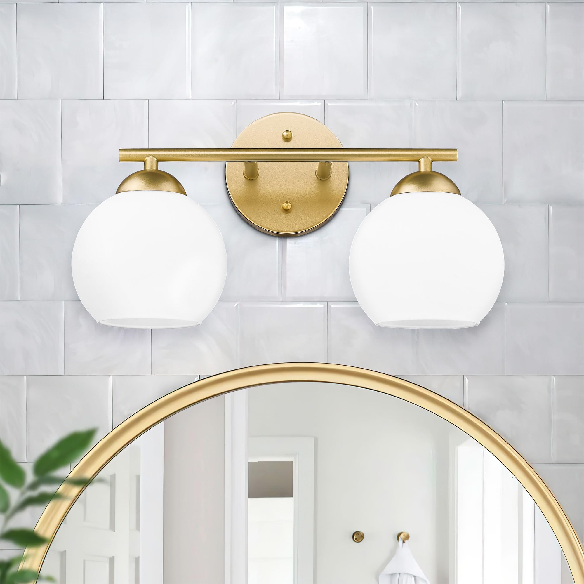 Black Vanity Lights for Mirror, Modern Farmhouse 2-Light Bathroom Light Fixtures Globe Bathroom Vanity Light with Milk Glass Shade, VL114-BK-ML-2