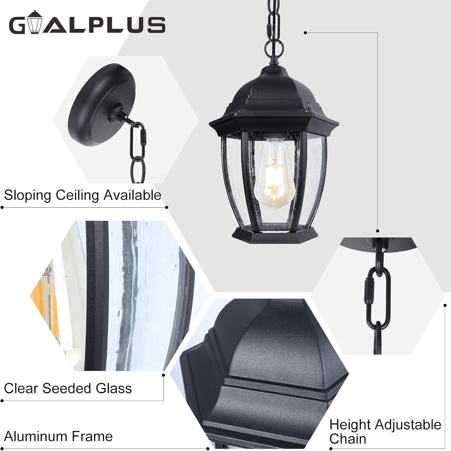 12" High Outdoor Pendant Light Fixture, Exterior Hanging Porch Lantern with Adjustable Chain, Aluminum Ceiling Lights with Seeded Glass for Outdoor and Indoor Use